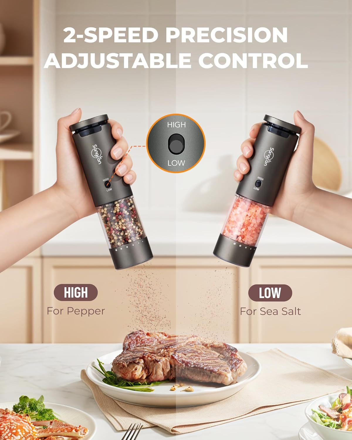 Sangcon 2-Speed Rechargeable Electric Salt and Pepper Grinder Set, 6 External Adjustable Coarseness Levels, Automatic Salt & Pepper Mill Shakers Set with Storage Base, One-Handed Operation, Silver