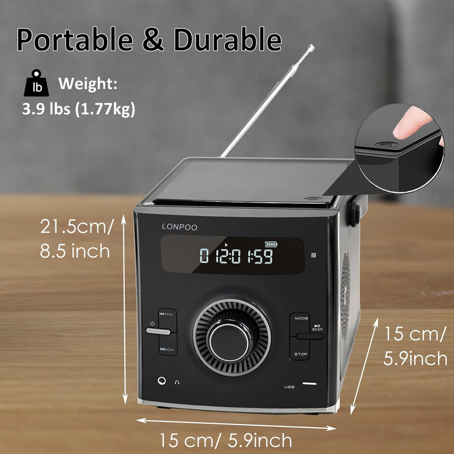 LONPOO Portable CD Player | Stereo Bluetooth Boombox | FM Radio Turn Knob | Auto Lid Open Button | Big LCD Display | Concealed Ports of USB/AUX/Earphone | Rear Power Protection Button (LP-D12)