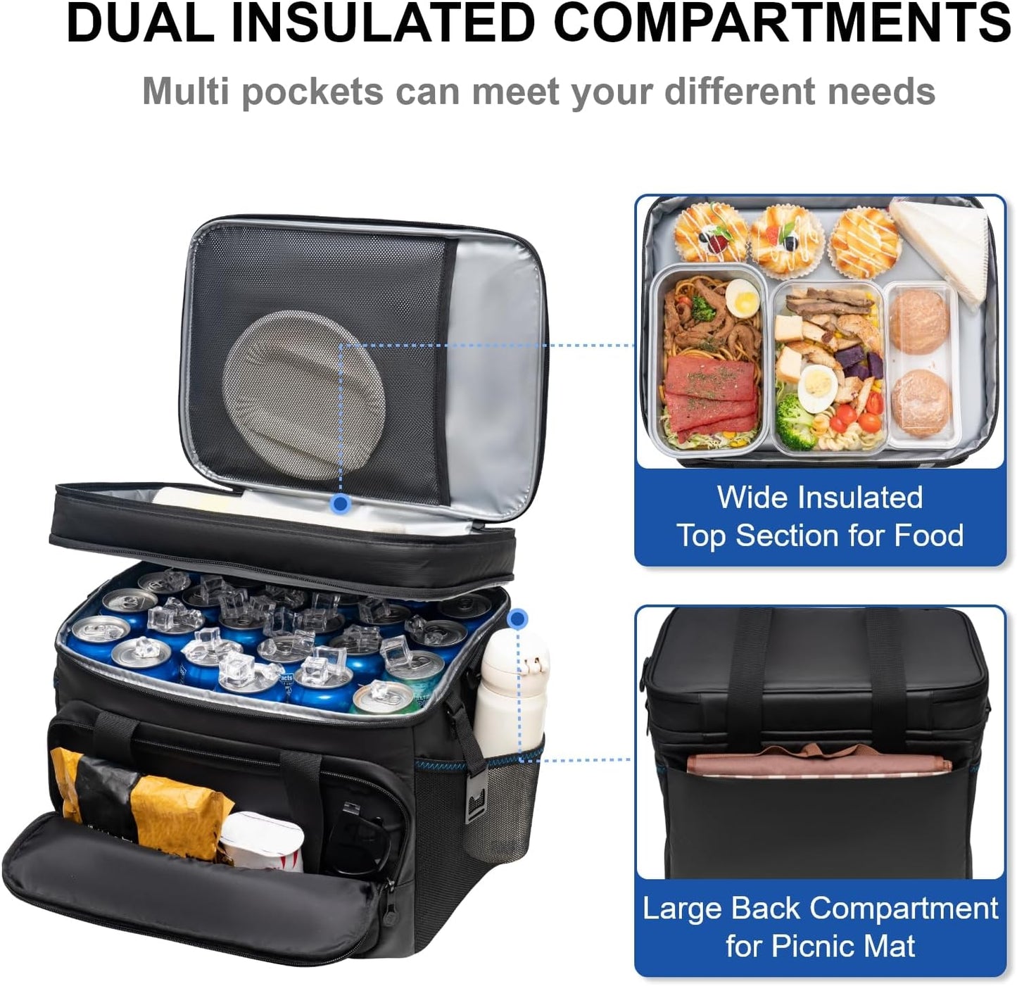 EVERFUN Cooler Bag Insulated Beach Cooler Lunch Bag Box for Men Women Dual Compartments Collapsible Waterproof Leak-Proof for Travel Work Picnic