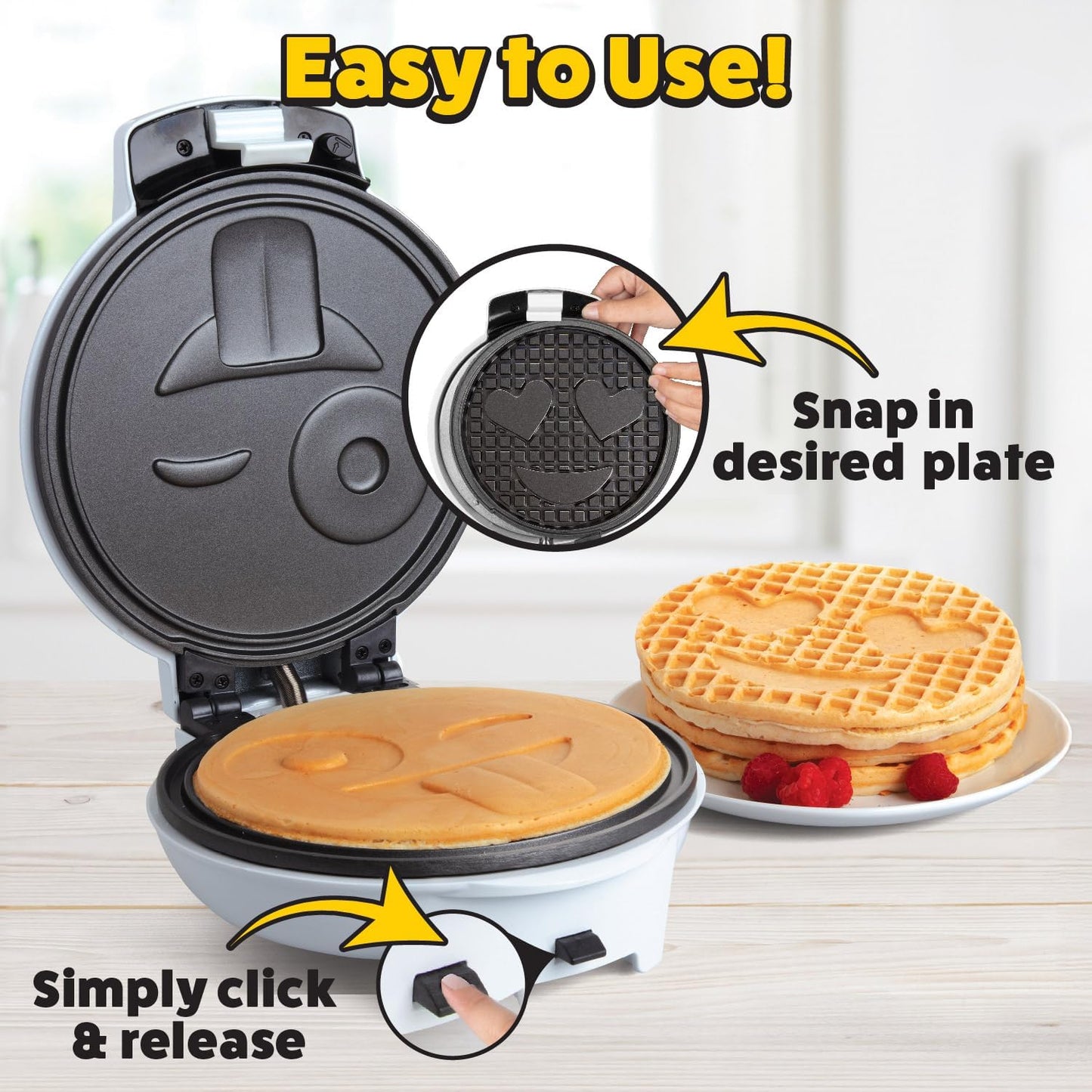 Smiley Face Waffler & Pancake Maker w 2 Interchangeable, Removable 8" Plates- Adjustable Temperature Control, Non-stick Electric Griddle Iron- Easy Clean, Make Kid's Breakfast Fun- Great Holiday Gift