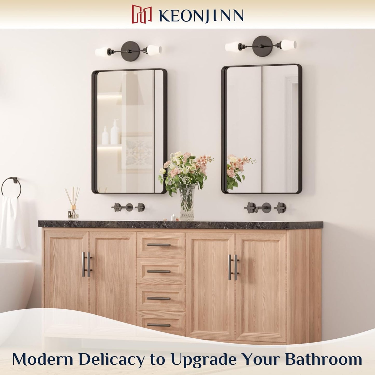 Keonjinn 42 x 36 Brushed Nickel Bathroom Vanity Mirror, Large Rounded Rectangle Bathroom Mirrors for over Sink, Metal Framed Silver Mirror for Wall, Shatterproof HD Tempered Glass(Horizontal/Vertical)