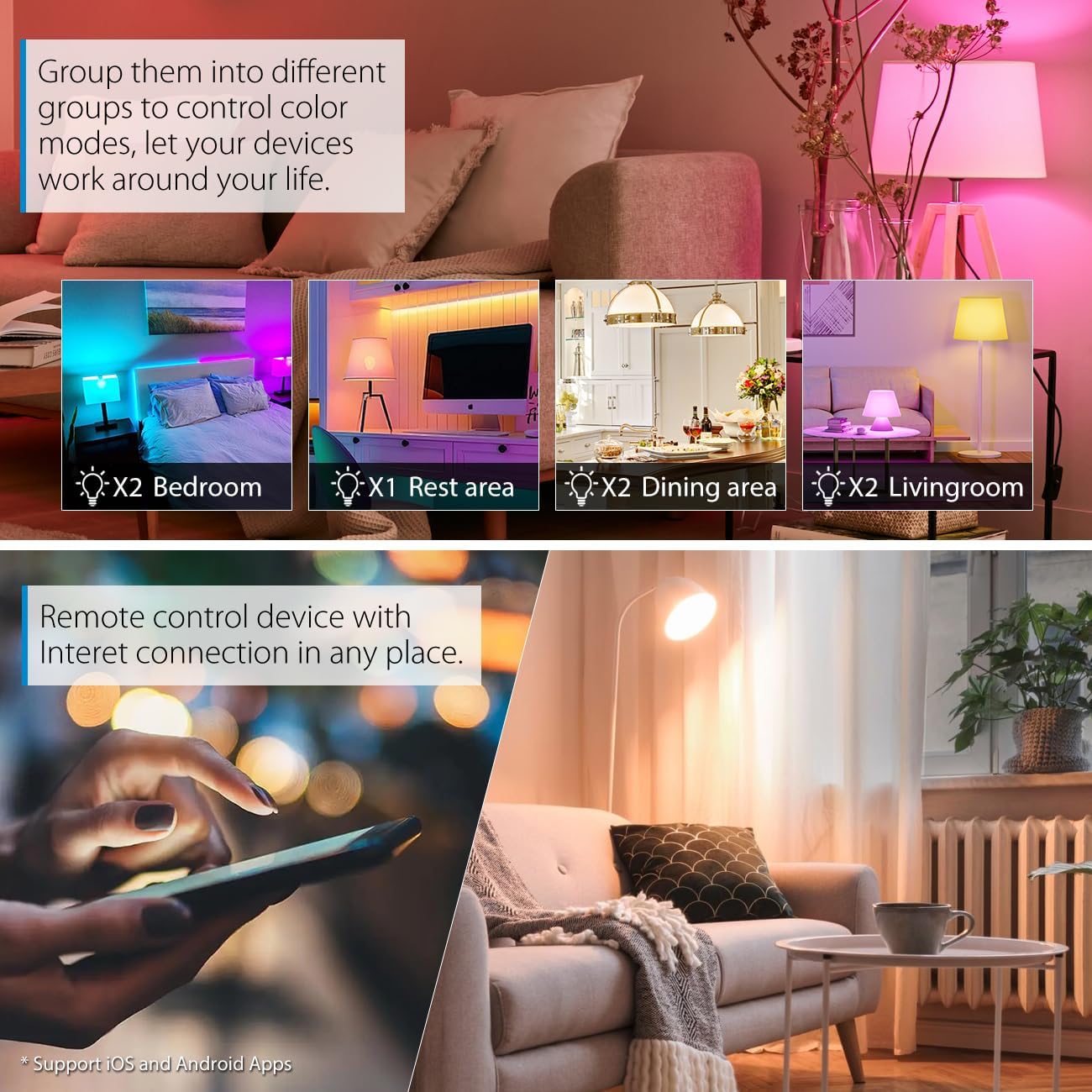 LVWIT Smart Light Bulbs Alexa, A19 60W Equivalent, E26 Smart LED, Work with Google Assistant, Smart Life App, Tuya App, RGB Color Changing Bulb (8.5W), No Hub Required, 4-Pack