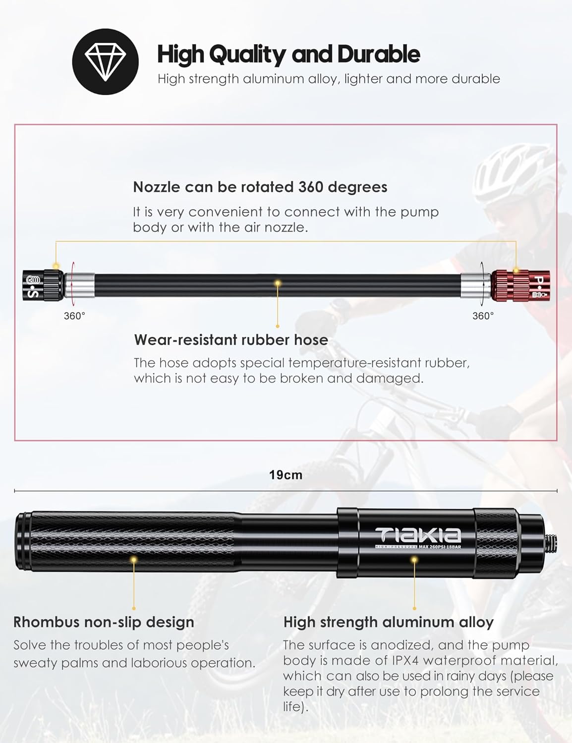 Tiakia Mini Bike Pump Portable Bicycle Pump Compact High Pressure Frame Pump 260PSI- Air Hand Pump Fit Presta, Schrader & Woods Valves,Aluminum Alloy Durable Tire Pump for Road/Mountain/BMX Bikes