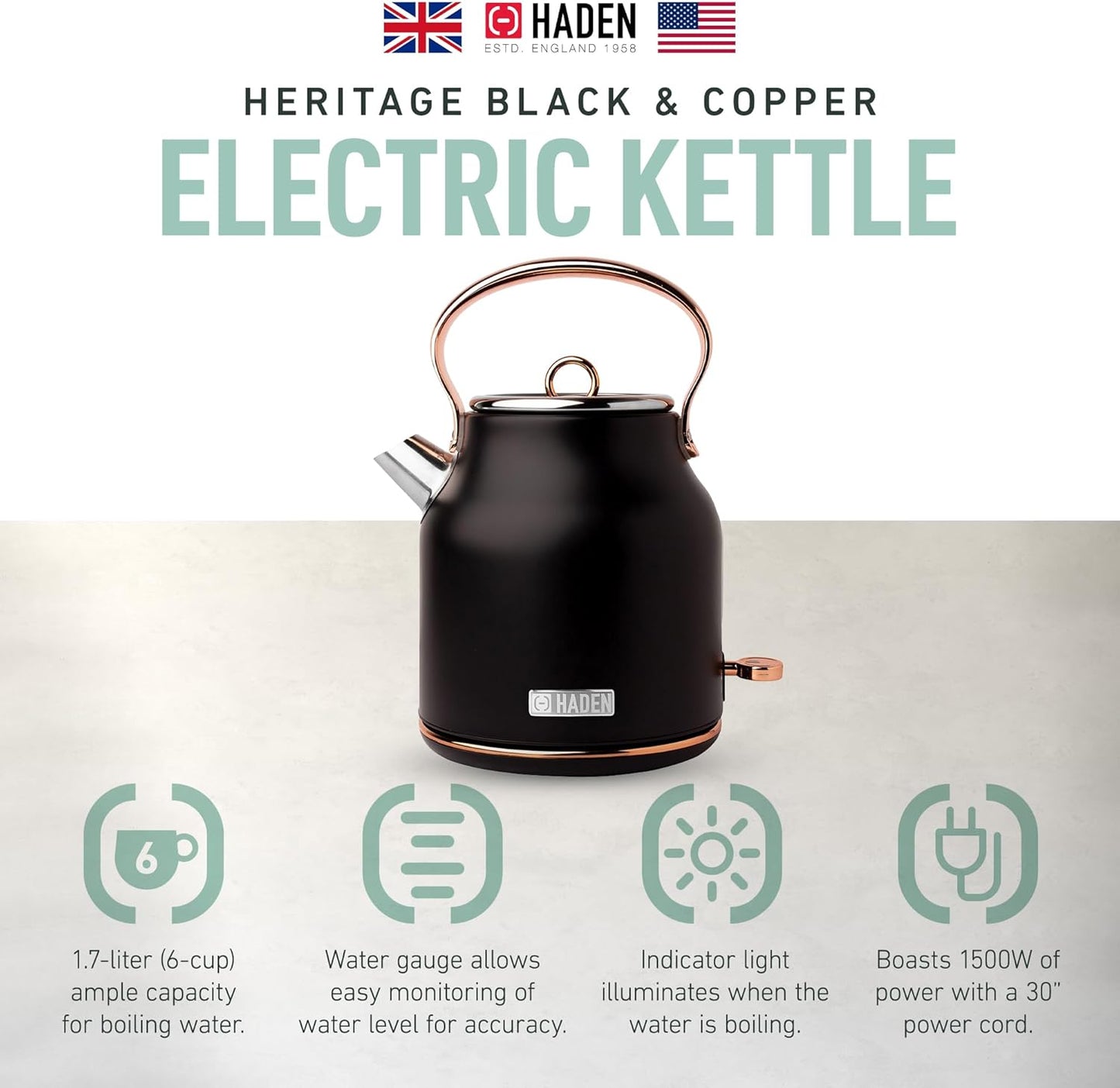 Haden 75041 Heritage 1.7 Liter (7 Cup) Stainless Steel Electric Kettle with Auto Shut-Off and Boil Dry Protection, Black/Copper