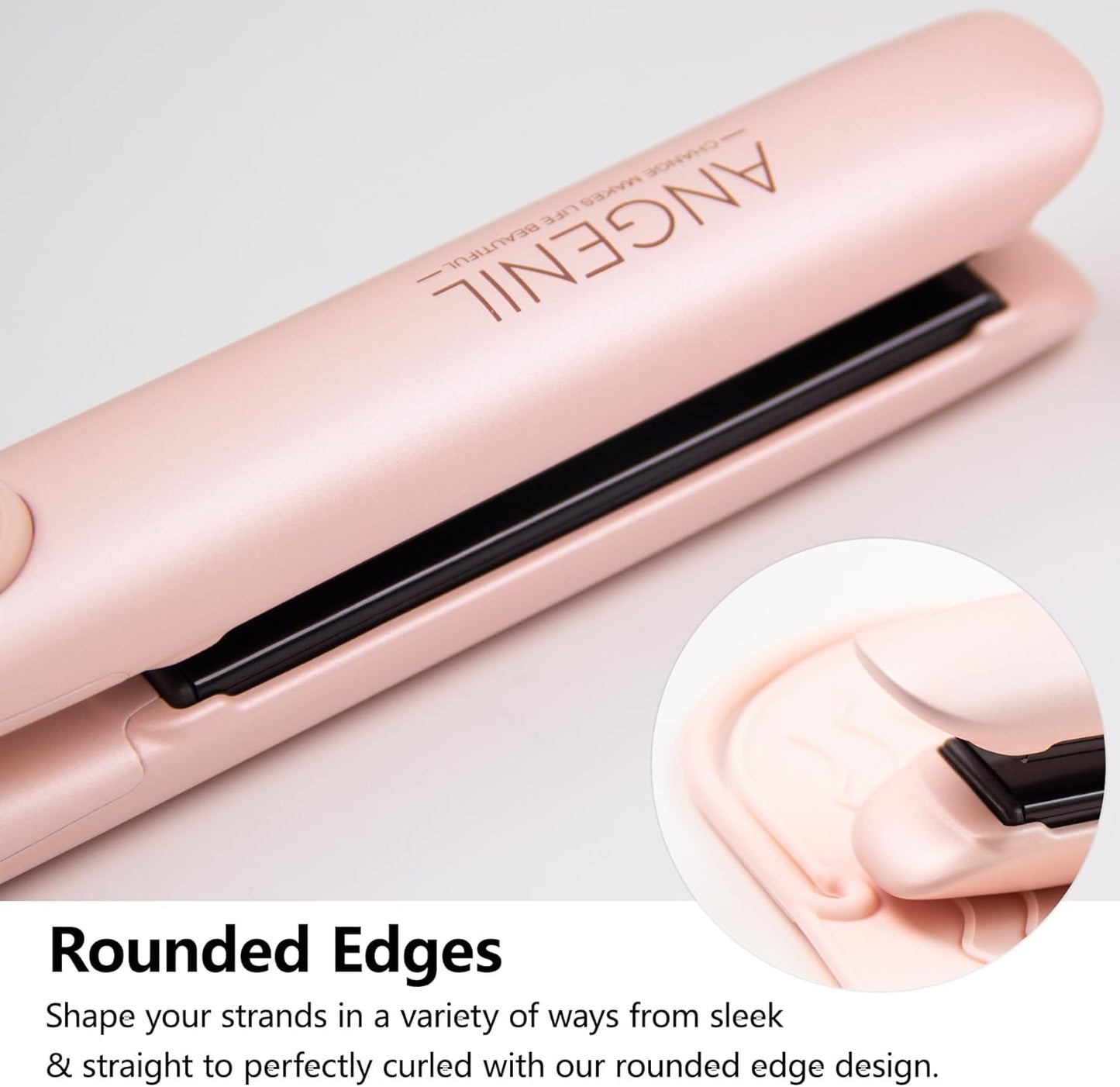 ANGENIL Pro Titanium Flat Iron Hair Straightener, Dual Voltage Straightening and Curling Iron in One, 15s Fast Heating, Negative Ion Round Pink Hair Straightener with Heat Resistant Silicone Mat Pad