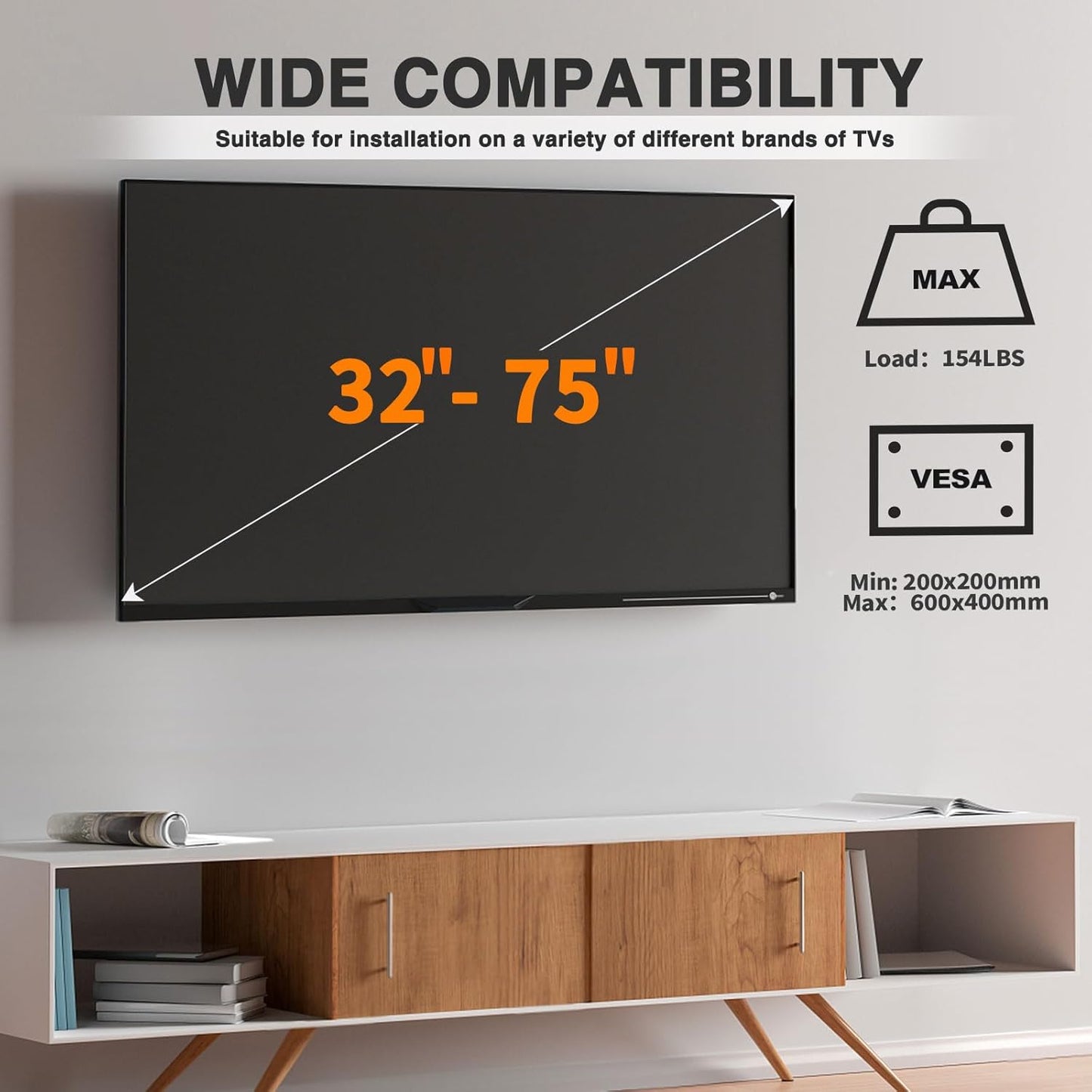 ZOGOZZ Tilting TV Wall Mount for Most 32-75" 4K LCD OLED Flat Screen TVs, VESA max 600x400mm and Max Load 154lbs,40 42 43 50 55 60 65 70 inch Adjustable Low Profile Wall Mount TV Bracket,Support Mural