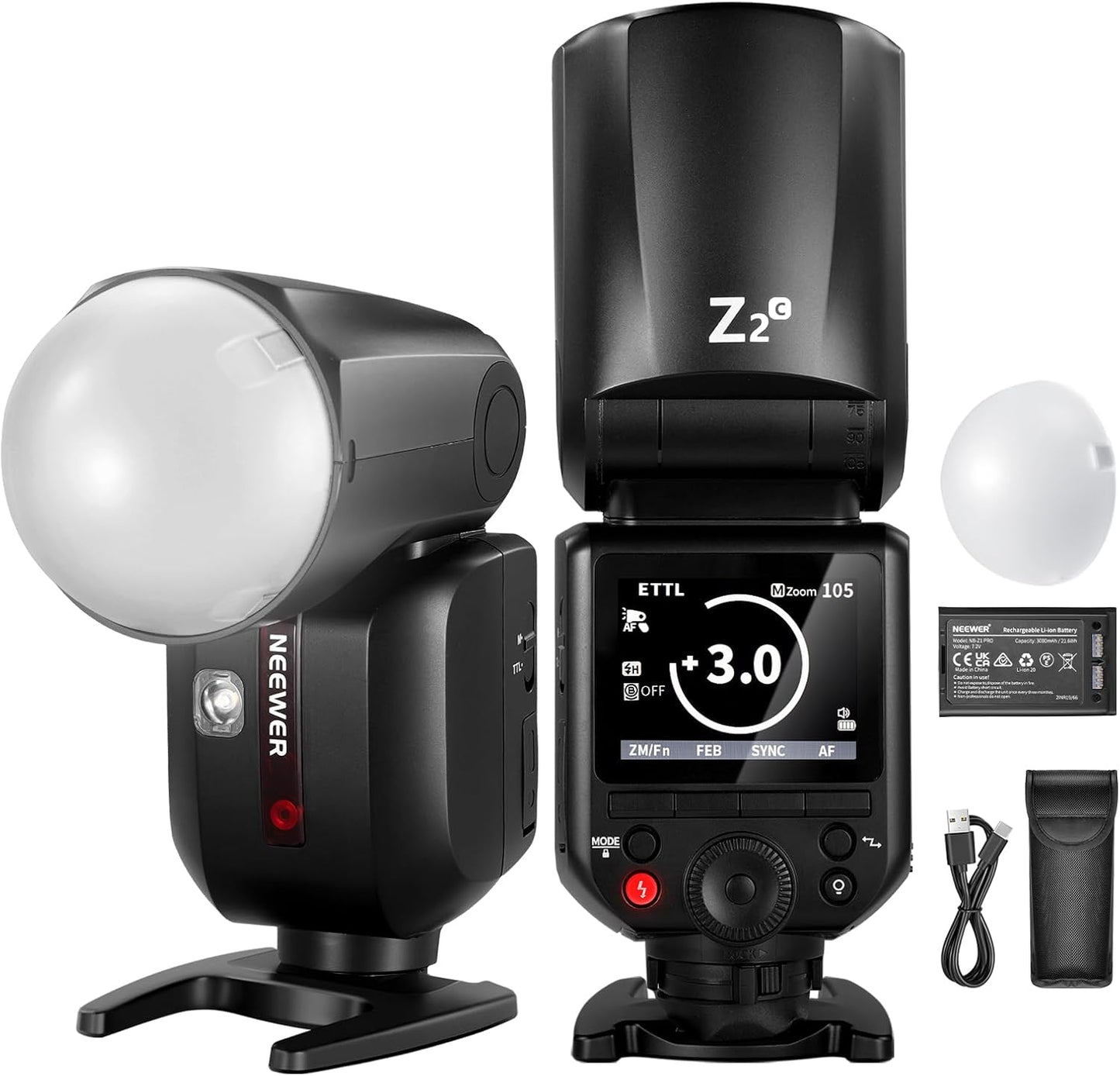 NEEWER Z2-N 2.4G TTL Round Head Flash Speedlite Compatible with Nikon Cameras, 76Ws 1/8000s HSS with Diffuser, 2 Modeling Lamps, Upgraded UI, TTL/M Toggle Key, 3000mAh Battery, 600 Full Power Flash