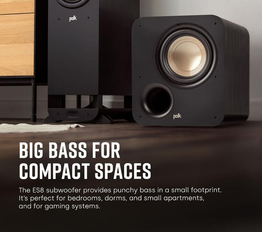 Polk Audio Signature Elite ES8 Subwoofer (Black), 8" Long-Throw Woofer with Mineral-Filled Polymer Cone, 100W Class D Amplifier, Front Firing Home Subwoofer, Time-Smart Phase Control - PuriLite
