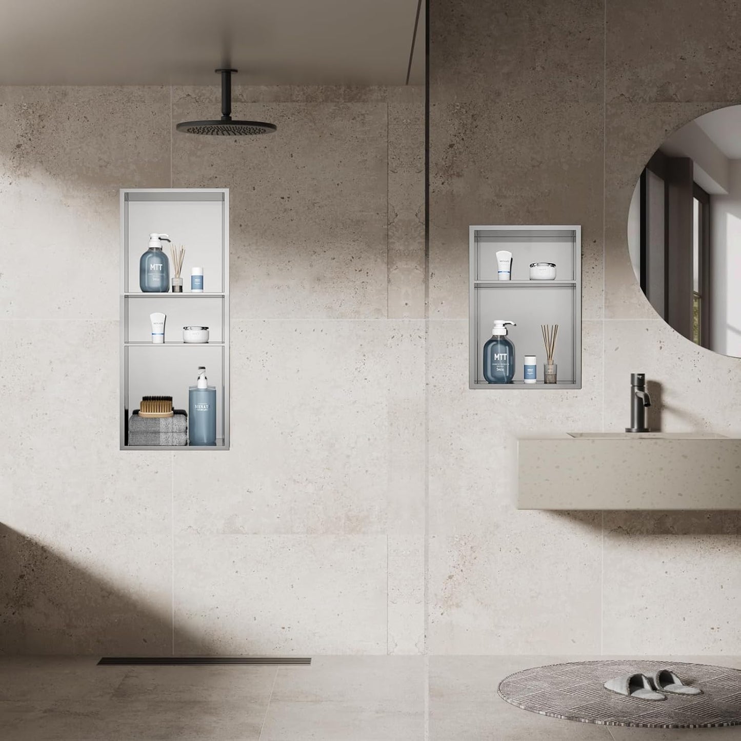 MENATT No Tile Shower Niche, Stainless Steel Wall Niche 13"X19"(Inner Size 12"X18"), Two-Tier Bathroom Shelf, NO Tile Needed Recessed Niche Shower for Bathroom Storage, Black