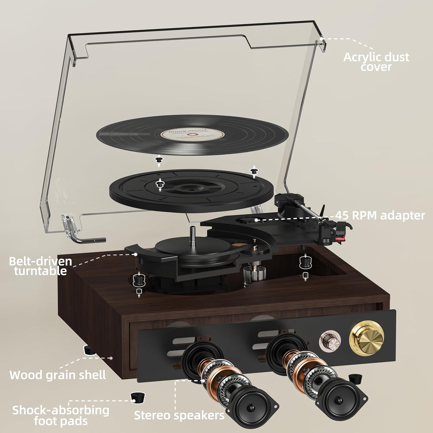 Record Player, FYDEE Vinyl Player with Bluetooth 3-Speed Turntable for Vinyl Records (33/45/78 RPM) with Built-in Bluetooth Receiver & Transmitter, RCA Out/USB in, Dust Cover (Ebony)
