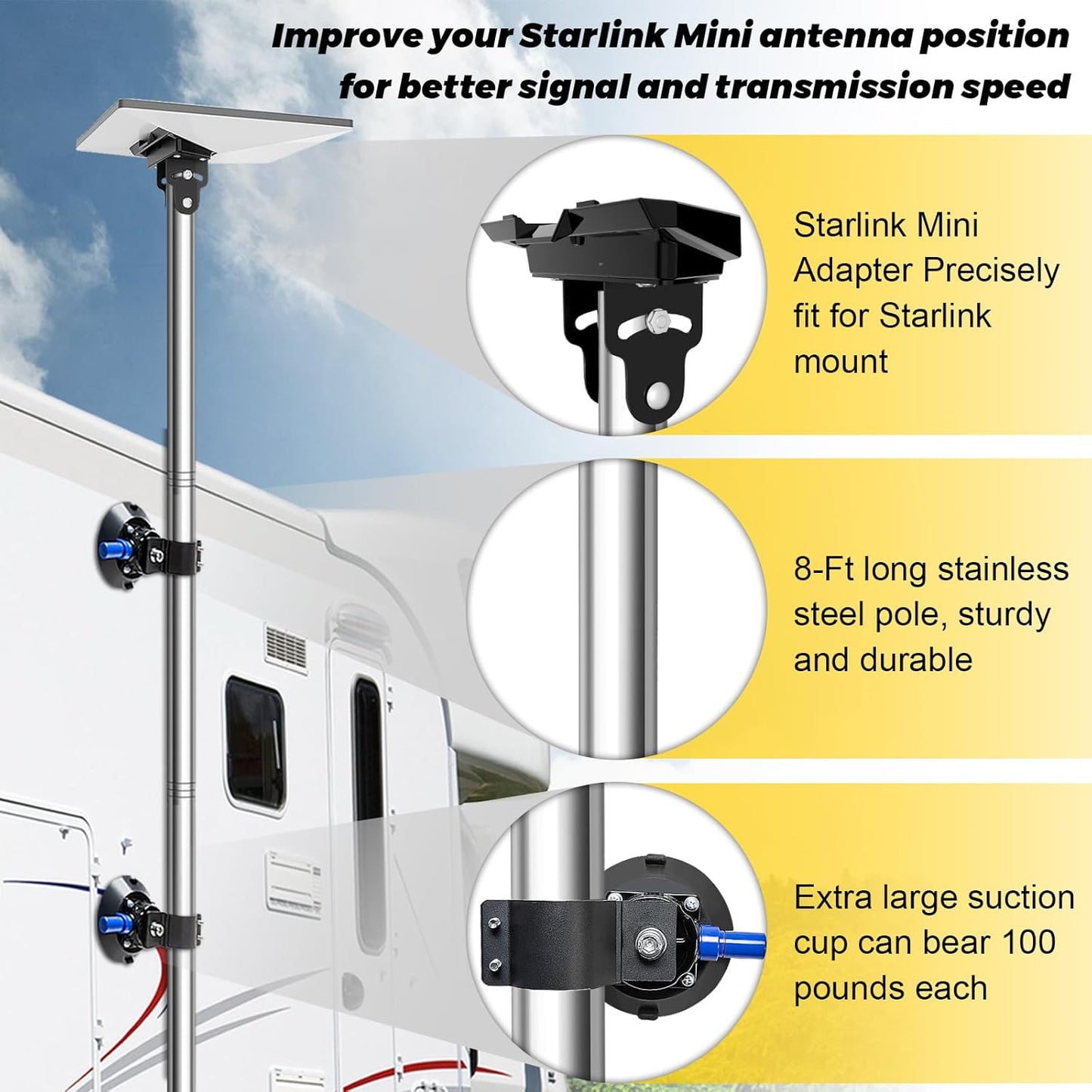 Starlink Mini Pole Mount, Lymorexan 8 Ft Starlink Mimi Mounting Kit with RV Ladder Mount, Removable Stainless Steel Pole, Fits 1 inch Ladder Rails Accessories Suitable for RV, Van, Truck