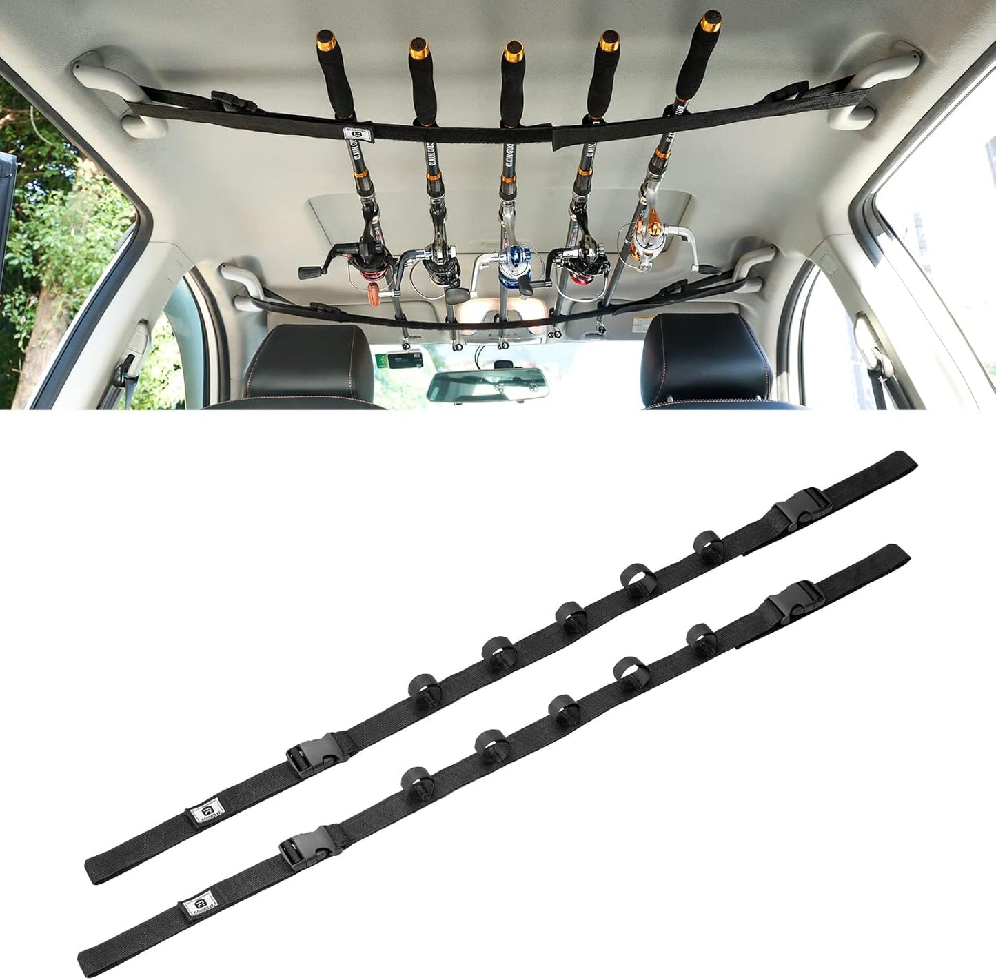 Raynesys 2 Pack Vehicle Fishing Rod Holder, Car Adjustable Fishing Rod Holder Fishing Rod Rack, Easy Install Fishing Car Rod Carrier Belt Strap for Long Travel and Fishing for SUV, Wagons, Van, Black