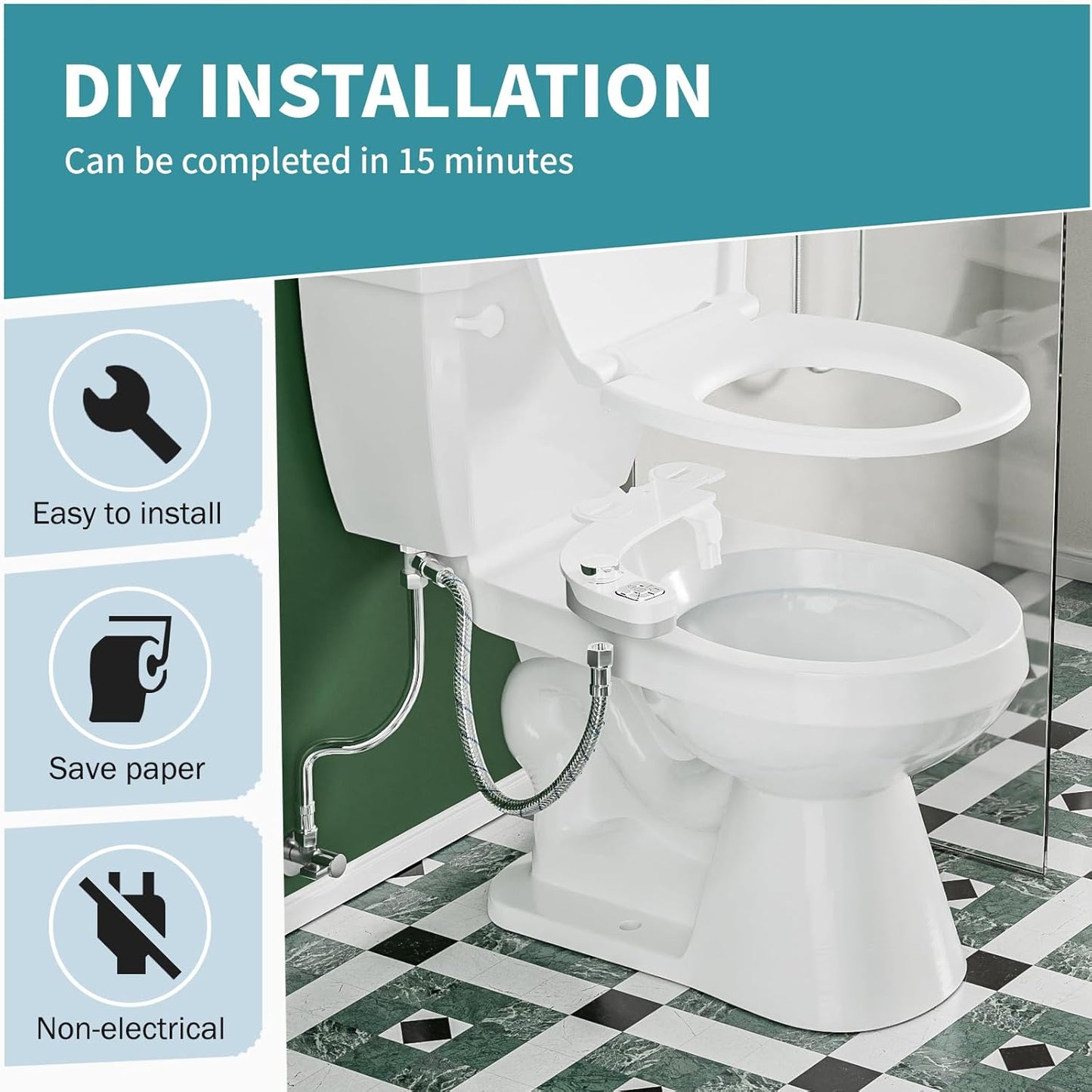PIKETS Bidet Attachment for Toilet, Dual Nozzle (Frontal and Rear Wash) Non-Electric Fresh Water Toilet Seat Attachment with Nozzle Self Cleaning, Adjustable Water Pressure(Chrome Silver)