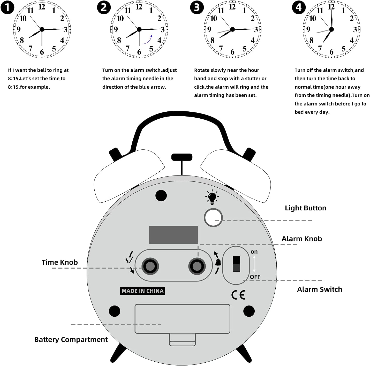 FLOITTUY Loud Alarm for Deep Sleepers 4'' Retro Twin Bell Alarm Clock with Backlight for Bedroom and Home Decoration(Retro White)