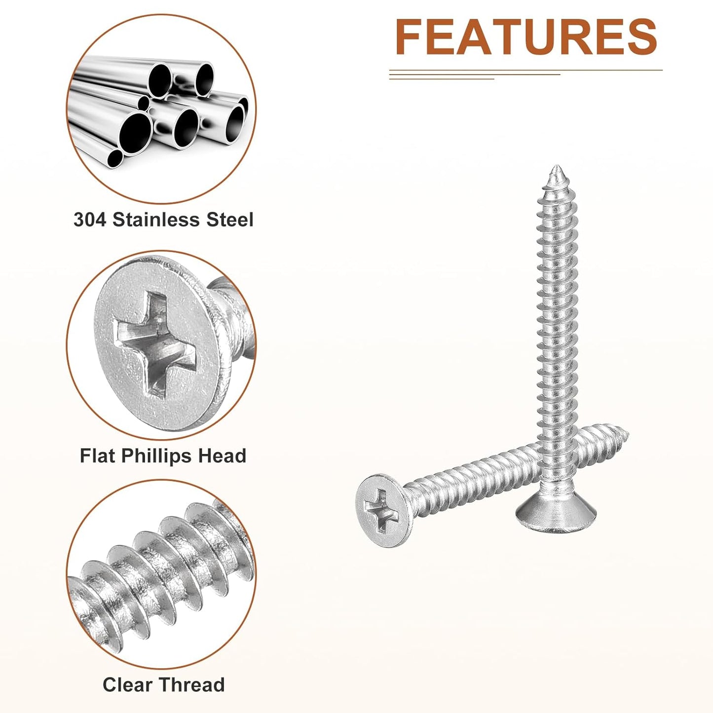 DTGN 100Pcs #8x1 Flat Head Wood Screws, 304 Stainless Steel Phillips Self Tapping Screws - Good for Woodworking, Furniture - Silver