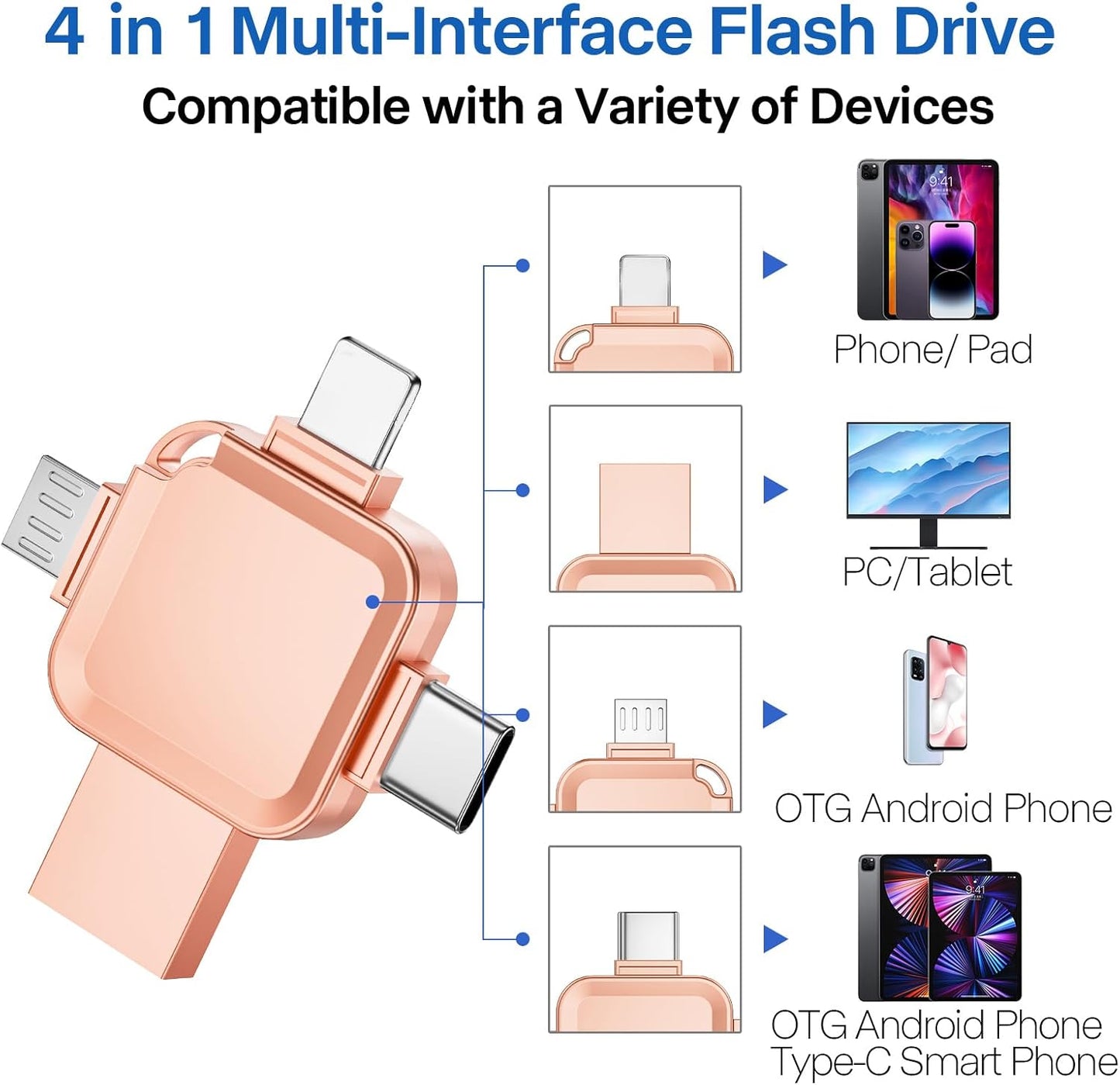 LANSLSY 256GB 4 in 1 Flash Drive for iPhone USB Flash Drive Memory Stick,Silver Photo Stick for iPhone/i- pad/Android/PC