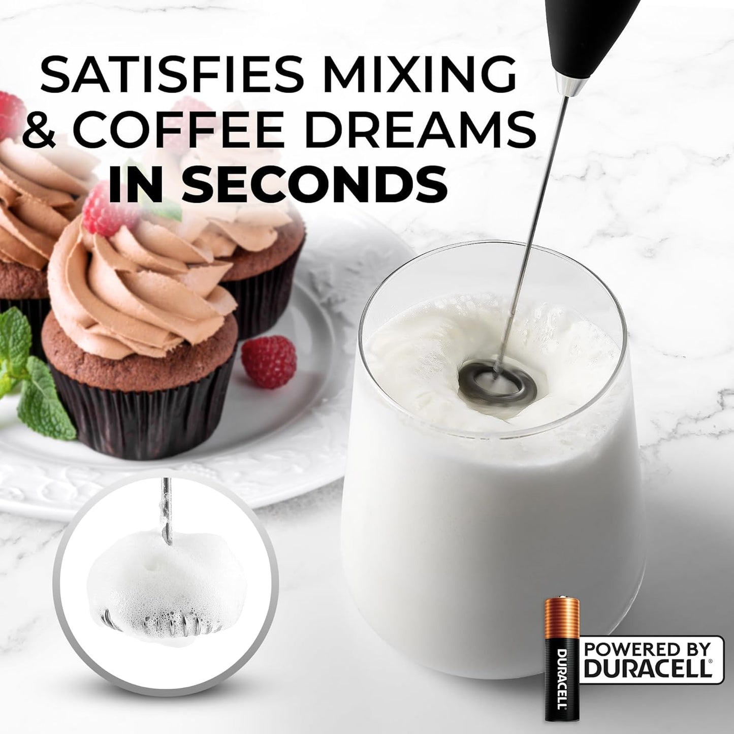 Zulay Kitchen Powerful Double Whisk Milk Frother Handheld - Foam Maker with Stand - Whisk Drink Mixer for Coffee, Mini Foamer for Latte, Matcha, Frappe, Hot Chocolate & Cappuccino (Black)