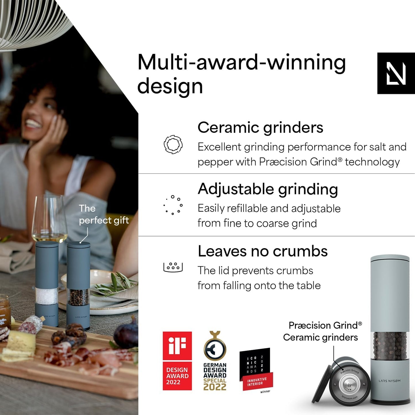 LARS NYSØM Salt and Pepper Mills Set Stainless Steel with Adjustable Ceramic Grinder 2 Pieces I Design Spice Mills Set Manual (Mustard Yellow)