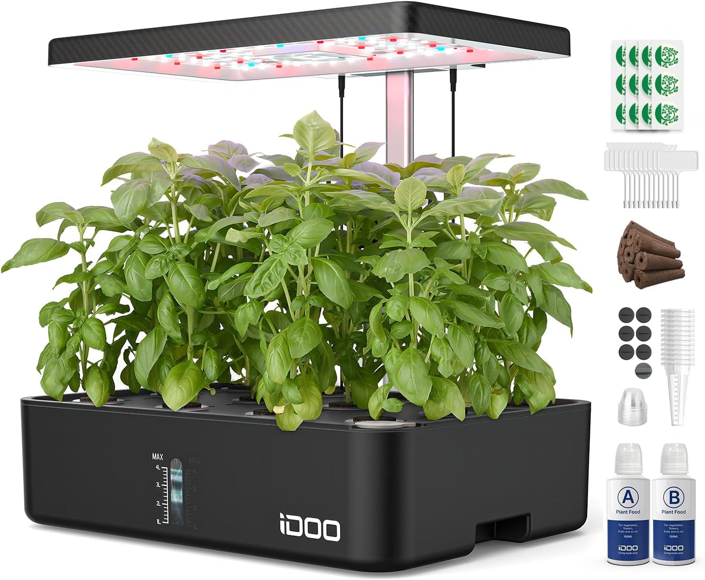 iDOO Hydroponics Growing System Kit 12Pods, Christmas Gifts for Women Men, Herb Garden Indoor with LED Grow Light for Home, Built-in Fan, Auto-Timer, Adjustable Height Up to 11.3", 12Pods Kit-Black