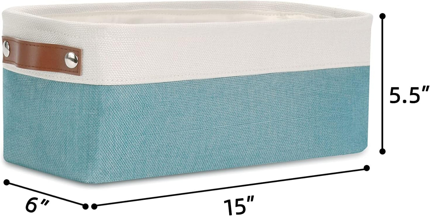 DULLEMELO Storage Baskets for Shelves, Fabric Collapsible Rectangular Storage Bins for Shelves, Closets, Nursery, Home, Office, Empty Gift Baskets (White&Teal)