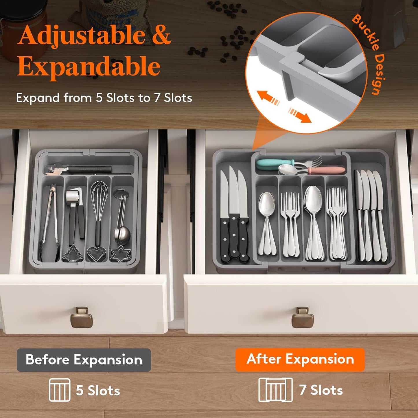 Lifewit Cutlery Organizer, Expandable Utensil Organizer for Kitchen, Utensil Holder, Adjustable Cutlery Rack Organizer for Spoons, Knives, Kitchen Organizers and Storage, Black