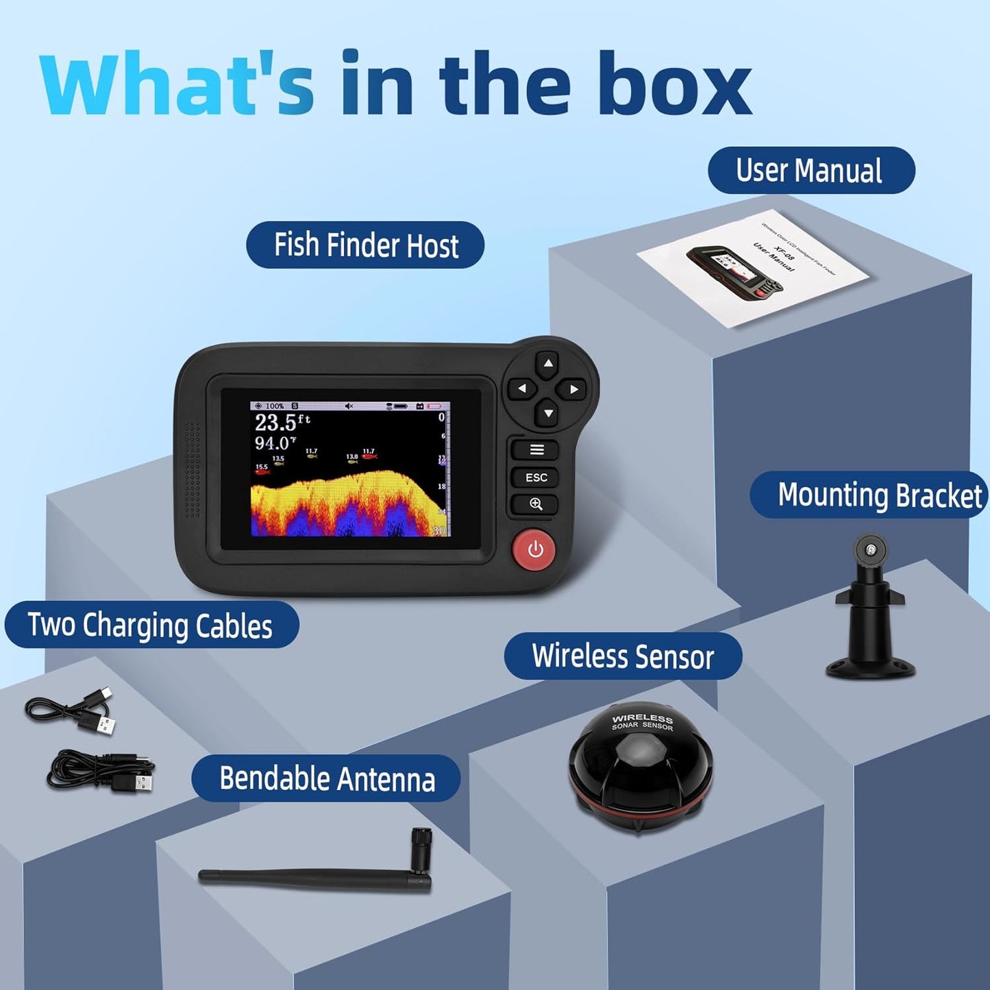 Portable Sonar Fish Finder, Rechargeable Castable Wireless Fish Finders, Kayak Fishfinder with 105° Beam Angle and TFT LCD Display, 2.6-164 FT of Boat Depth Finder for Shore, Sea & Ice Fishing