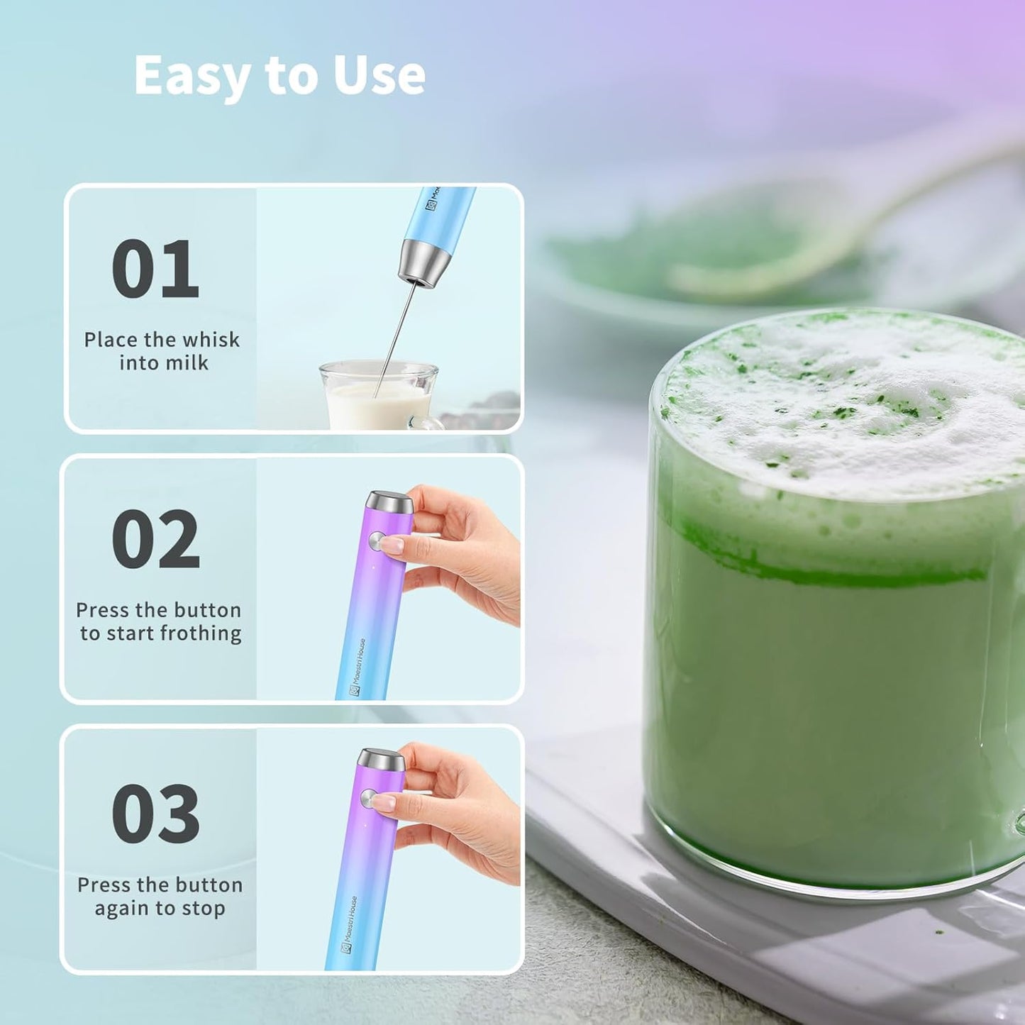 Maestri House Rechargeable Milk Frother, Handheld Electric Foam Maker Waterproof Detachable Stainless Steel Whisk Drink Mixer Foamer with Stand,LunaFro
