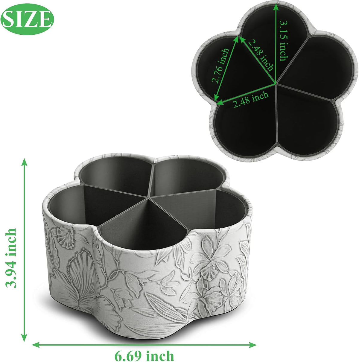 Flower Shaped Leather Art Supply Organizer,Remote Control Holder,360 Degree Spinning,Multi-Functional Pencil Holder,5 Compartments Desktop Stationary Organizer(1-Flower Grey)