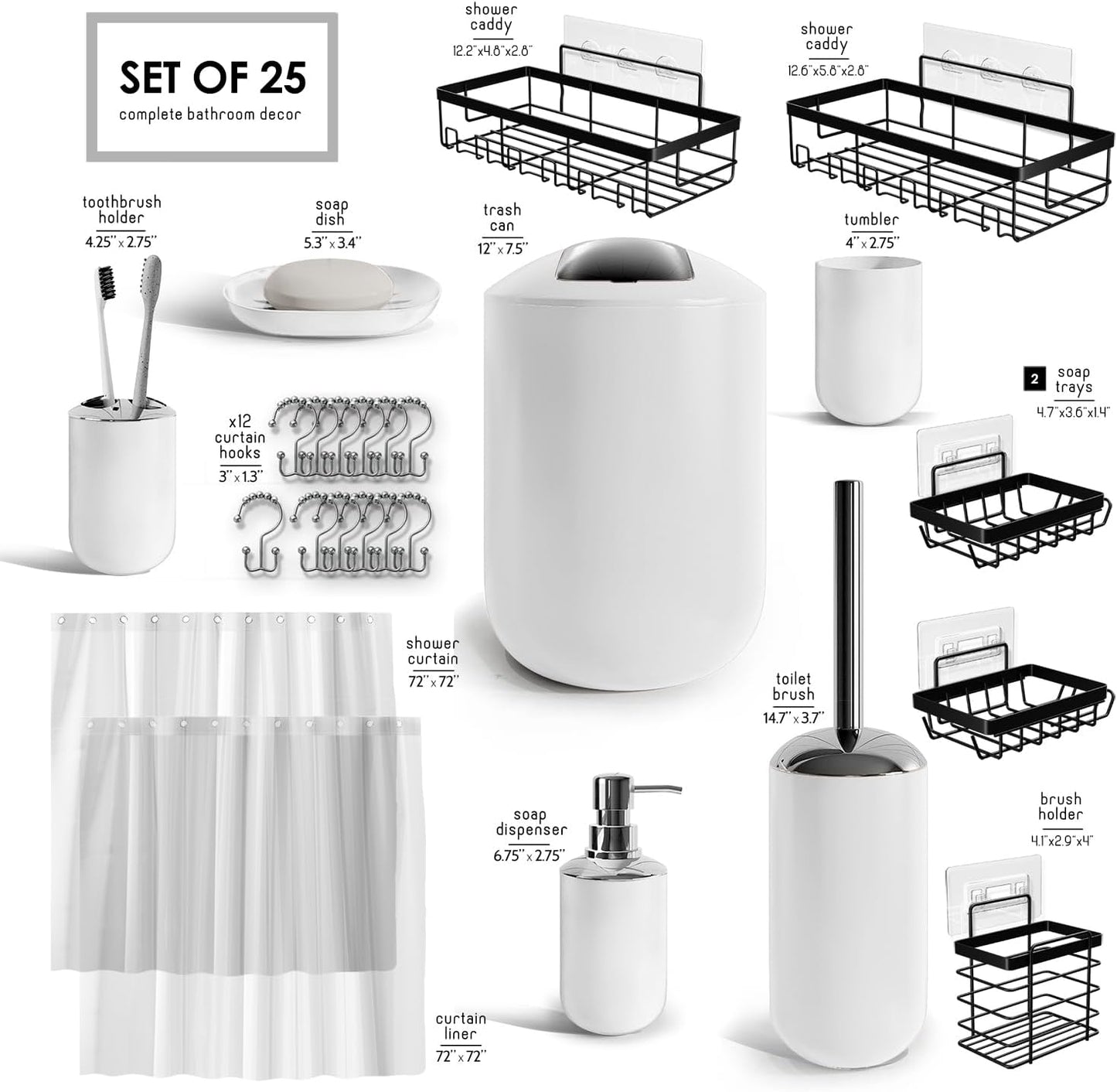 Clara Clark Bathroom Set - Gray Bathroom Accessories Set, Bathroom Sets with Shower Curtain and Rugs, 23PC Shower Curtain Set with Liner, Soap Dispenser, Soap Dish, Toilet Brush Holder, and Trash Can