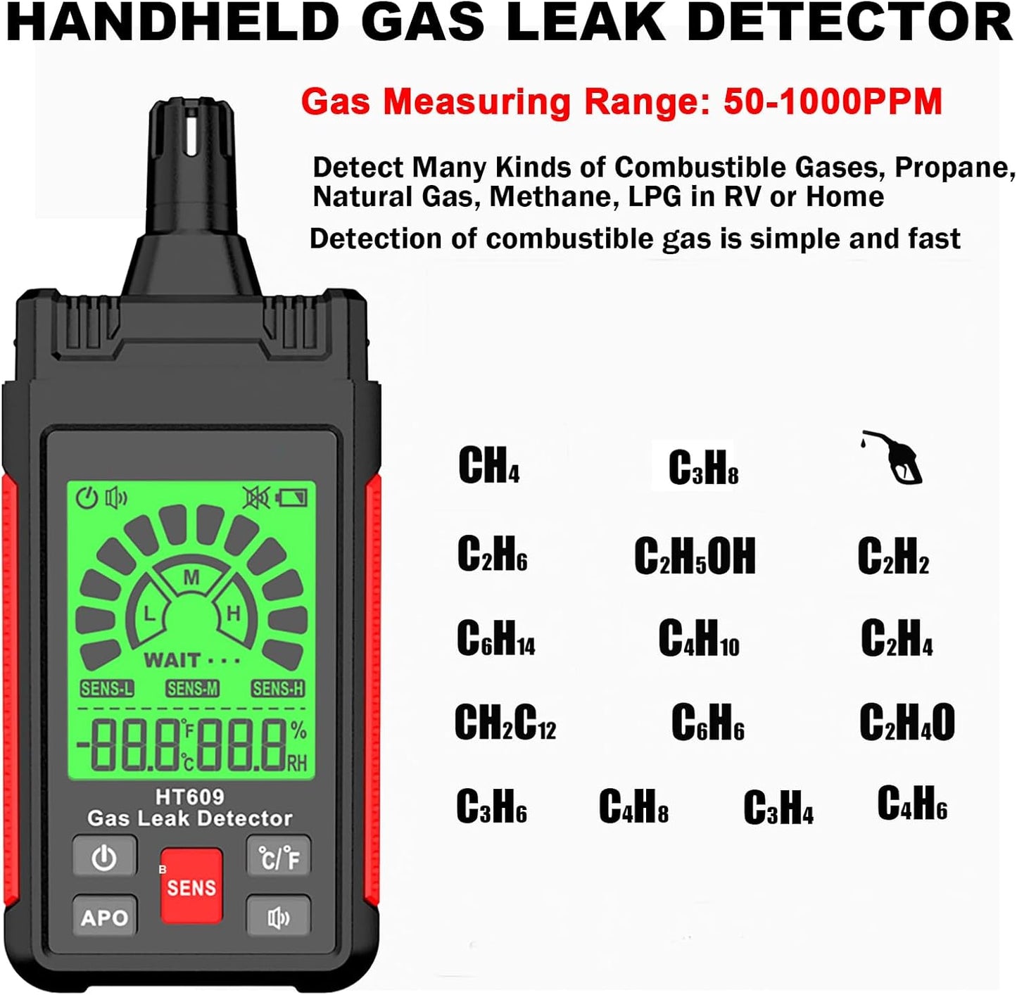 Gas Leak Detector, Portable Combustible Gas Detector, Gas Sniffer for Flammable Natural Gas Acetone Propane Benzene Ethanol Gasoline Methane LPG in RV or Home, 9999 PPM 20% LEL with LCD Color Display