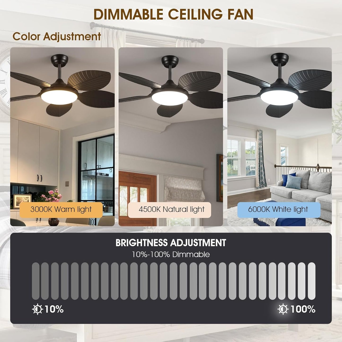 Wiviniya Ceiling Fans with Lights and Remote/APP Control, 44 Inch Tropical Palm Leaf Ceiling Fan with LED Lights, Outdoor Ceiling Fans for Patios Porch, Reversible Quiet Motor, Dimmable, Light Brown