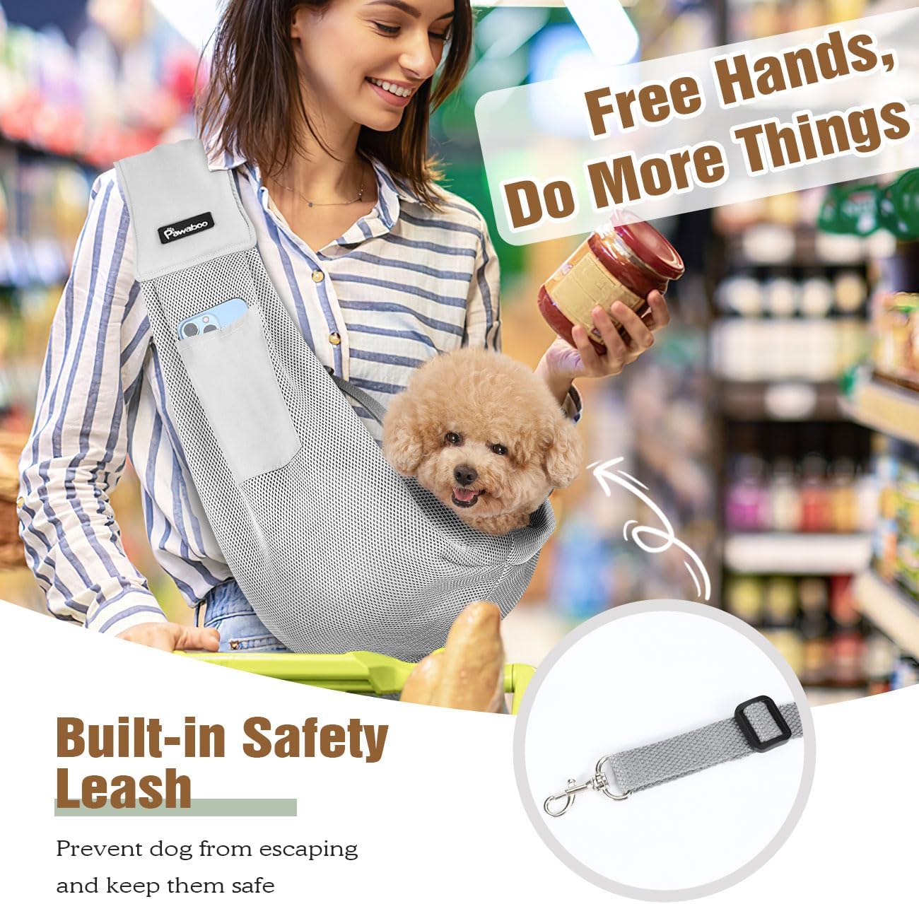 Pawaboo Small Dog Sling Carrier, Reversible Hands Free Dog Sling Carrier for Small Dogs and Cats, Puppy Sling Carrier with Adjustable Strap Buckle & Safety Harness, Puppy Essentials, Grey