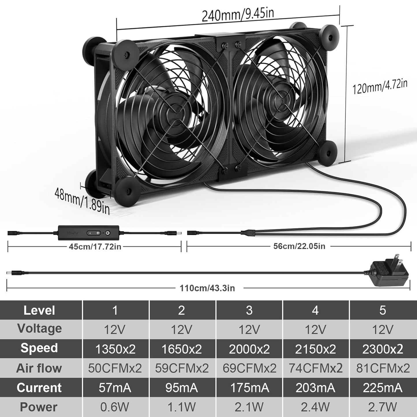 upHere Big Airflow 2 x 120mm x 25mm Computer Fan with AC Plug Cabinet Fan 100V 240V AC Power Supply,DC 12V 5 Speed Controller, for Router Mining Machine Chassis Server Workstation Cooling - PuriLite
