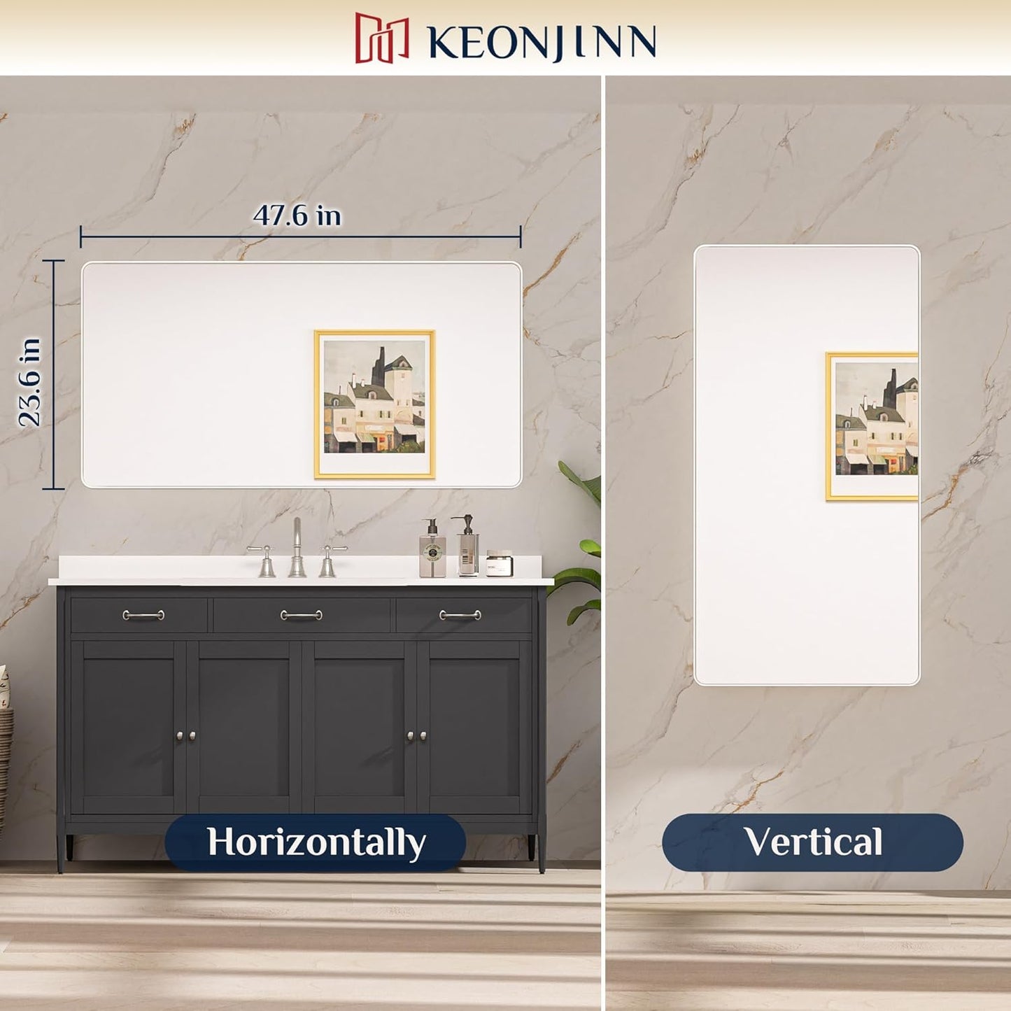 Keonjinn 42 x 36 Brushed Nickel Bathroom Vanity Mirror, Large Rounded Rectangle Bathroom Mirrors for over Sink, Metal Framed Silver Mirror for Wall, Shatterproof HD Tempered Glass(Horizontal/Vertical)