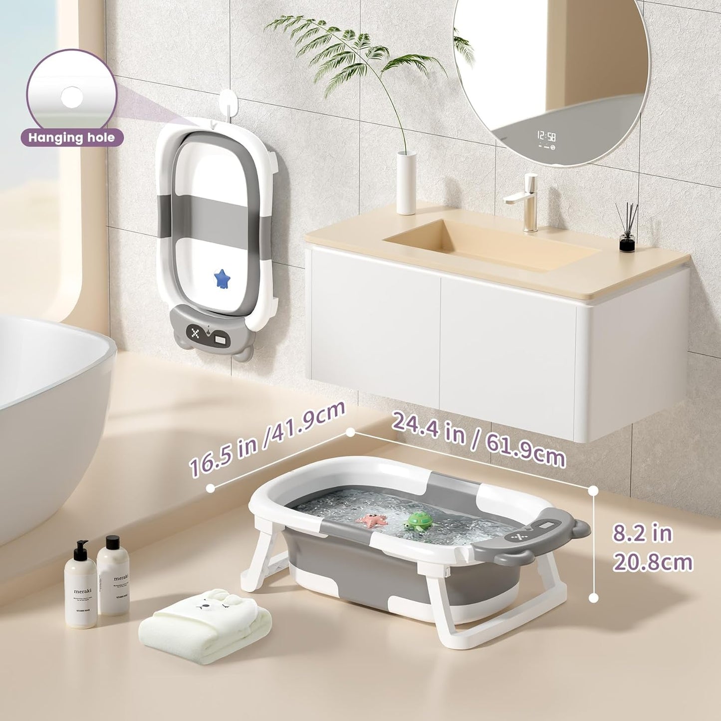 Kerbwry Baby Bathtub for Newborn to Toddler, Baby Bath Tub with Soft Towel and Floating Cushion, Baignoire Pour Bébé, Shower Essentials for Newborn (0-18 Months) Grey