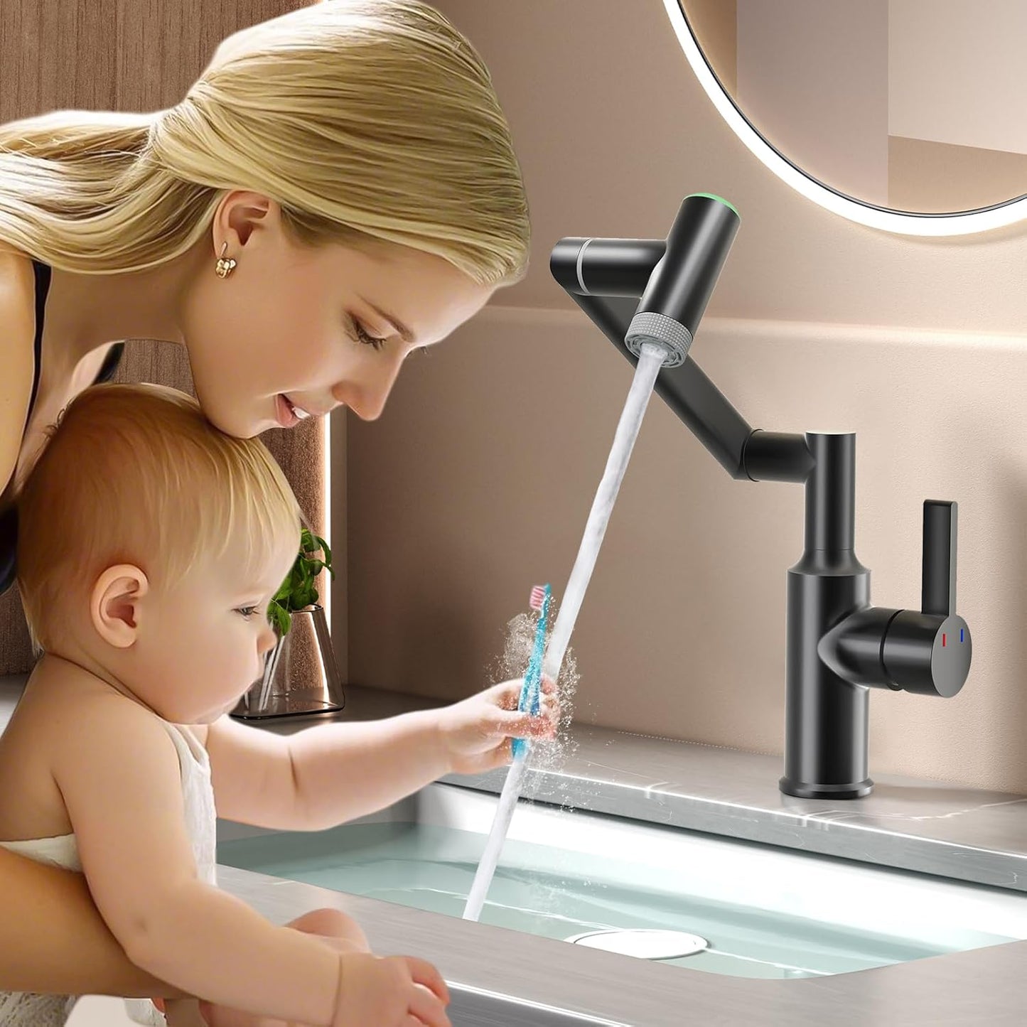 EAARSUO Single Hole Rotatable Bathroom Faucet with Temperature Display, Single Handle Modern Rotating Bathroom Sink Faucet 1 Hole, 1080 Degree Swivel Faucet with 2 Water Outlet Modes (Black)