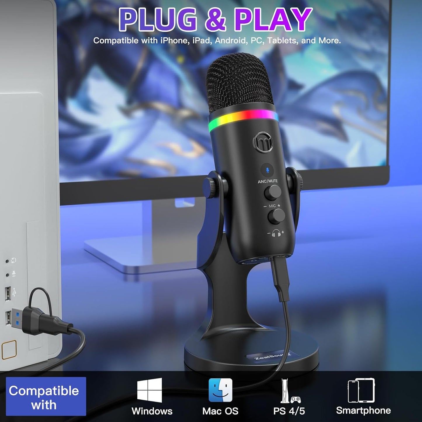 ZealSound USB Microphone,Condenser Phone Computer PC Mic kit,Plug&Play Gaming Microphones for PS 4&5.Mic Gain&Volume Control,Echo &Mute Button for Vocal,Record,Streaming,Discord YouTube Podcast on Mac