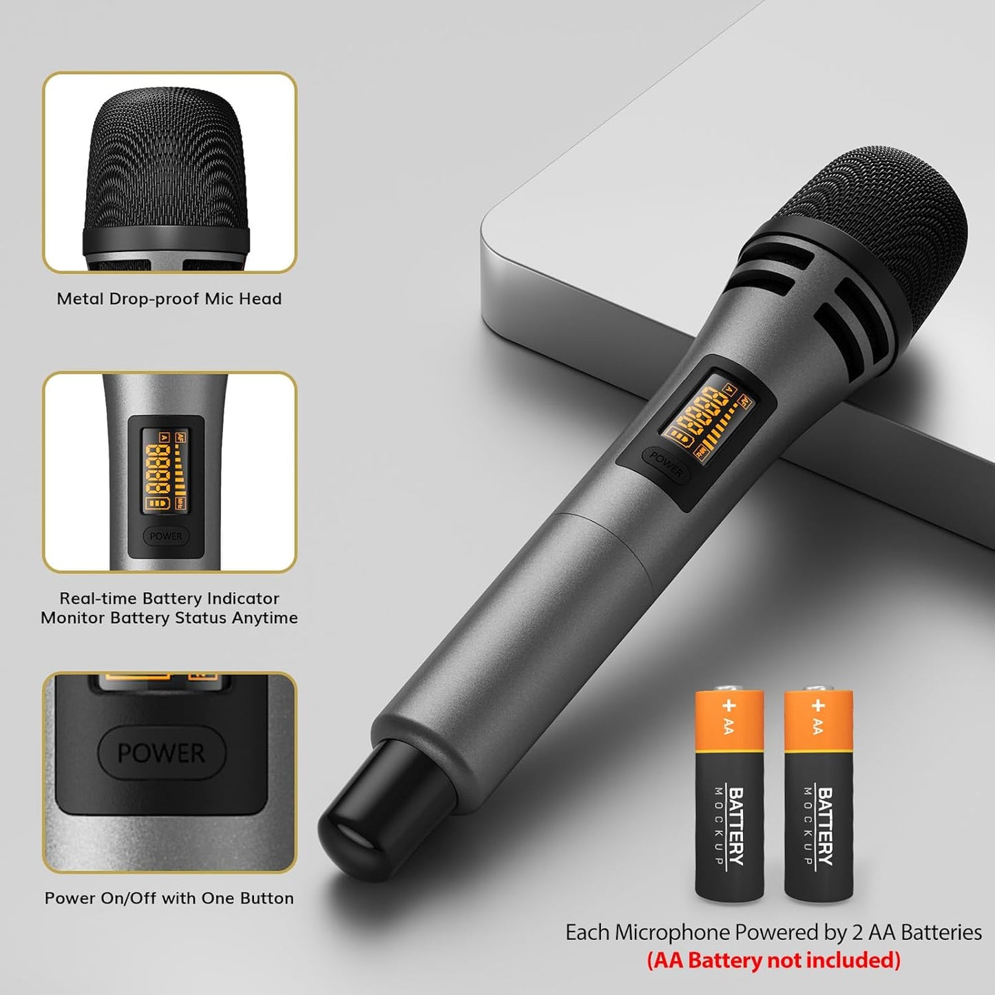 TONOR Wireless Microphones, UHF Dual Karaoke Microphone System, Microfonos Inalambricos with Rechargeable Receiver, Cordless Dynamic Mic for Singing, Wedding, DJ, Party, Speech TW320 Grey