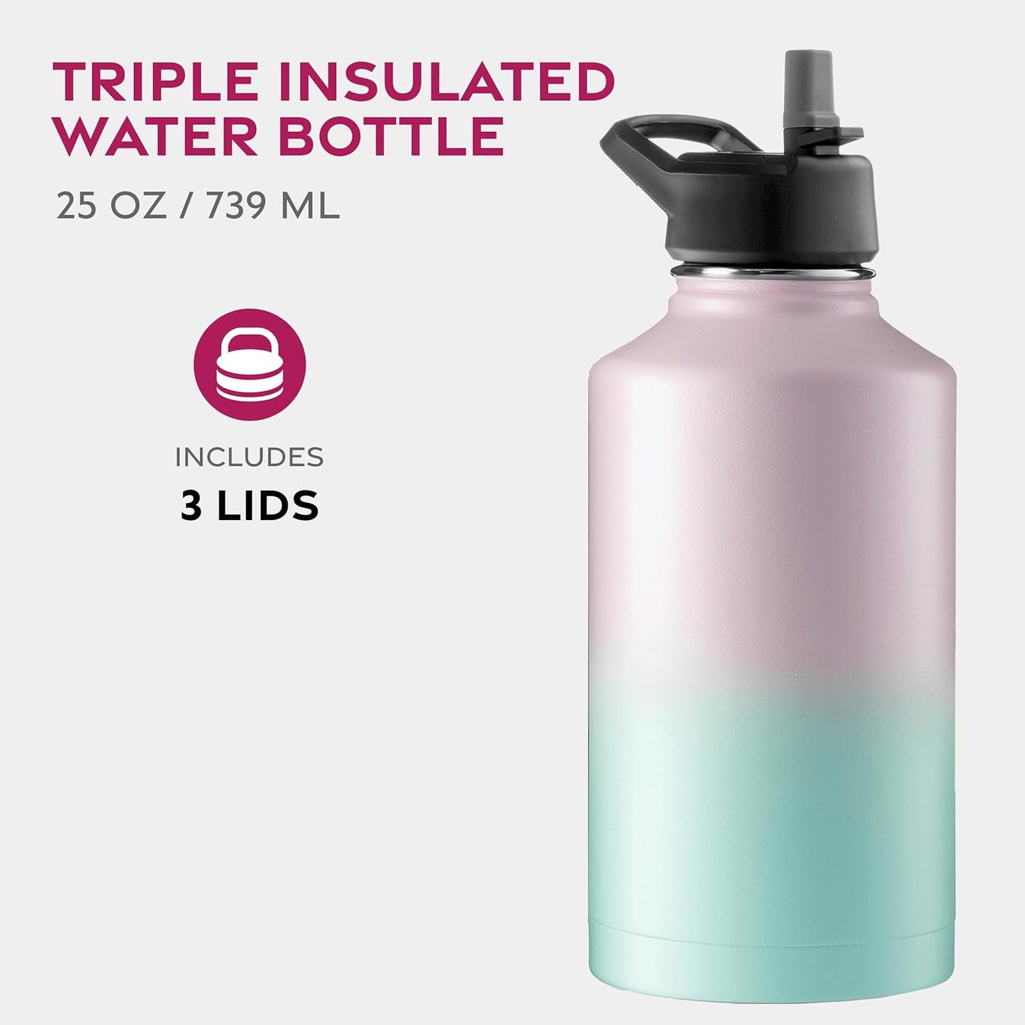 FineDine Water Bottle - Stainless Steel Insulated Water Bottle with Straw Lid, Flip Lid & Wide-Mouth Cap - Keeps Hot and Cold - 25 Oz / 739ml - Pure Pearly White