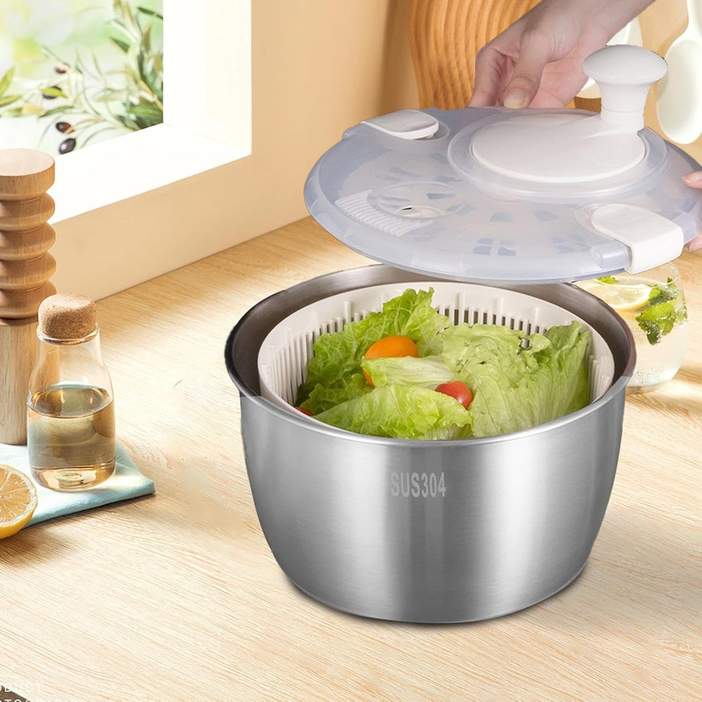 Stainless Steel Salad Spinner - Spinner Bowl | Spinner Lettuce | Stainless Steel Salad Washer with Rotating Handle | Multifunctional Vegetable Dryer Fruit Washer Drain Basket for Kitchen