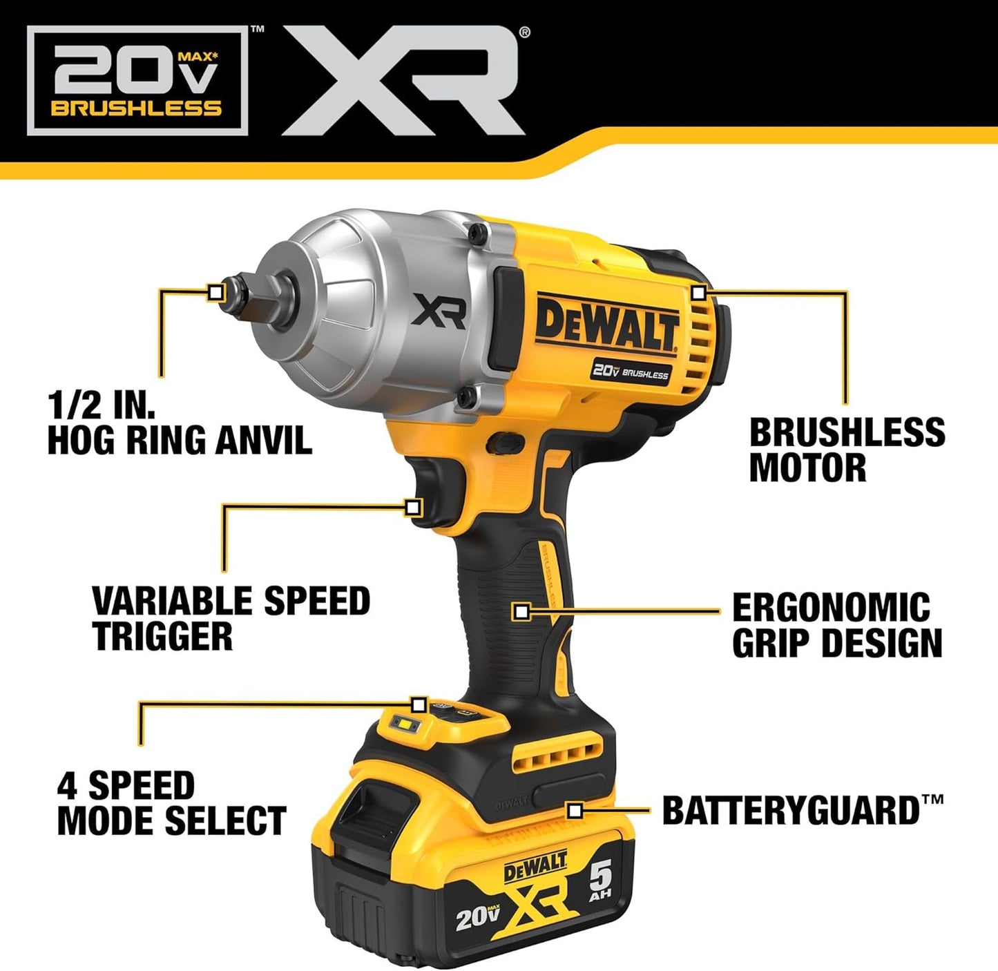 DEWALT 20V MAX XR Impact Wrench, 1/2 In Cordless, High Torque, 4 Speed Precision Mode, Tool Only (DCF900B)