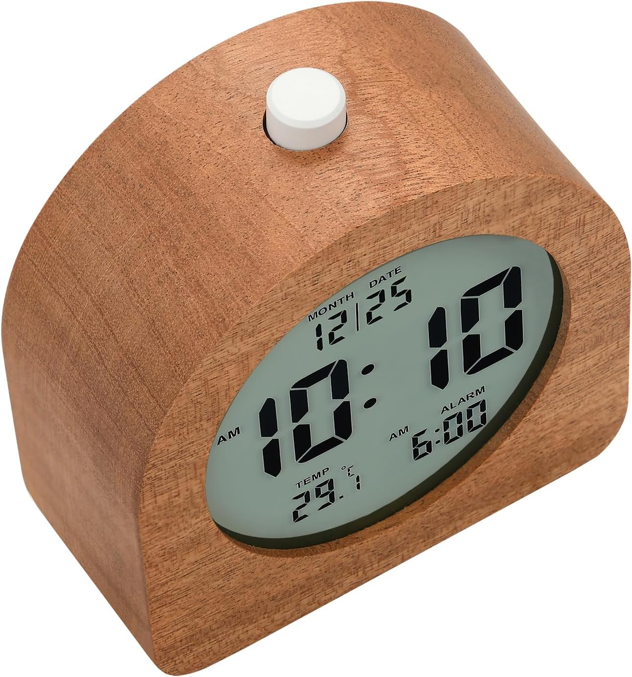 Plumeet Wooden Digital Alarm Clock for Bedrooms, Wood 4'' Battery Powered Alarm Clock with Snooze and Nightlight, Electronic LCD Desk Clock Display Time, Date, Temp, 12/24H, Wood Décor (Sapele, 3.2'')