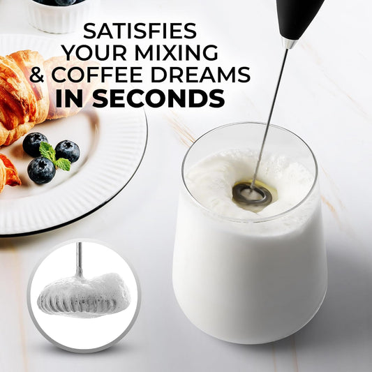 Zulay Milk Frother Complete Set Coffee Gift, Handheld Foam Maker for Lattes - Whisk Drink Mixer for Coffee, Mini Blender for Cappuccino, Frappe - Includes Frother, Stencils & Frothing Cup (Black) - PuriLite