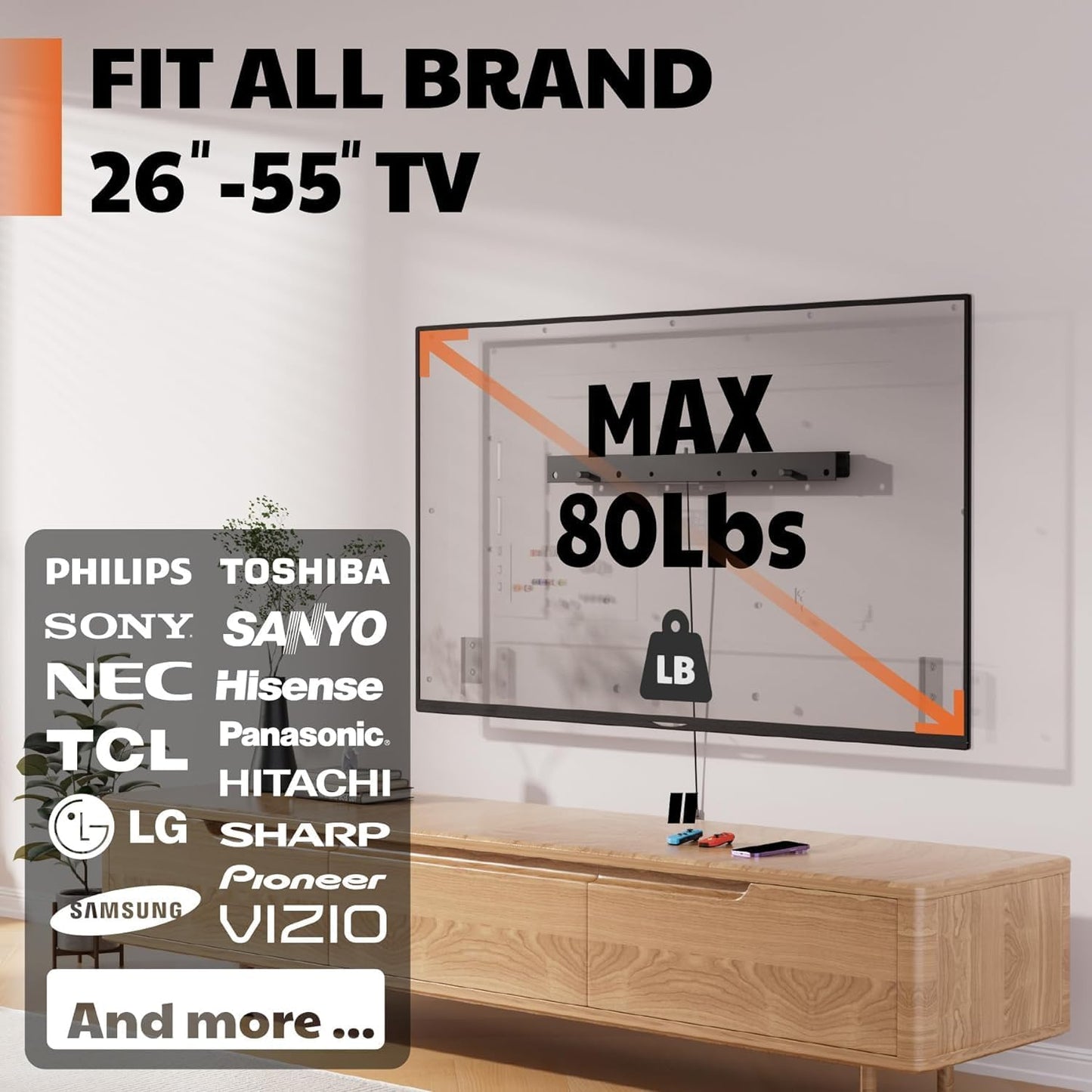 AENTGIU No Stud TV Wall Mount, Heavy Duty Drywall Wall Mount TV Bracket Hanger for 32-75 inch Flat Screen TVs, No Drill, No Anchors, Easy Install with All Hardware
