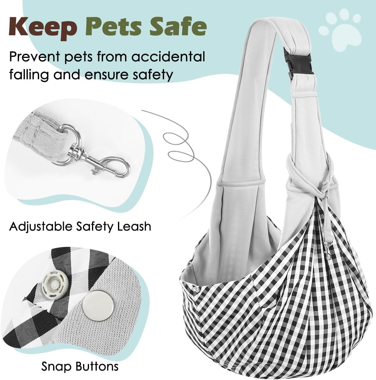 Pawaboo Small Dog Sling Carrier, Reversible Hands Free Dog Sling Carrier for Small Dogs and Cats, Puppy Sling Carrier with Adjustable Strap Buckle & Safety Harness, Puppy Essentials, Grey