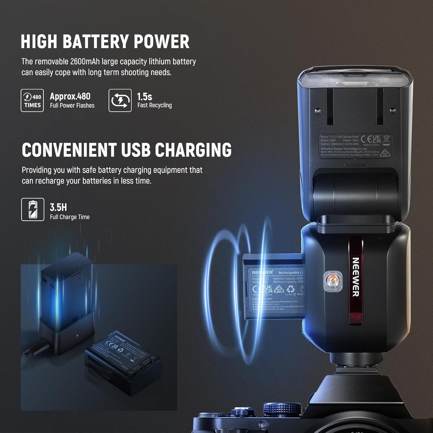 NEEWER Z880-C 2.4G 76Ws TTL Camera Flash Speedlite Compatible with Canon, Upgraded UI, Adjustable Modeling Lamp, TTL/M Quick Switch TCM Key, 1/8000s HSS 7.4V/2600mAh Battery 480 Full Power Flash