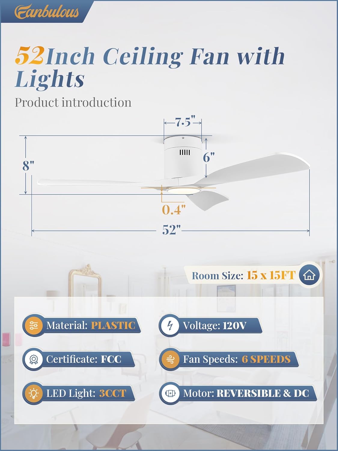 Fanbulous 52" Ceiling Fans with Lights and Remote Control,Modern Flush Mount Ceiling Fan with 3 LED Colors,Outdoor Low Profile Ceiling Fans with 6-Speeds Timer DC Motor for Bedroom Living Room Patio
