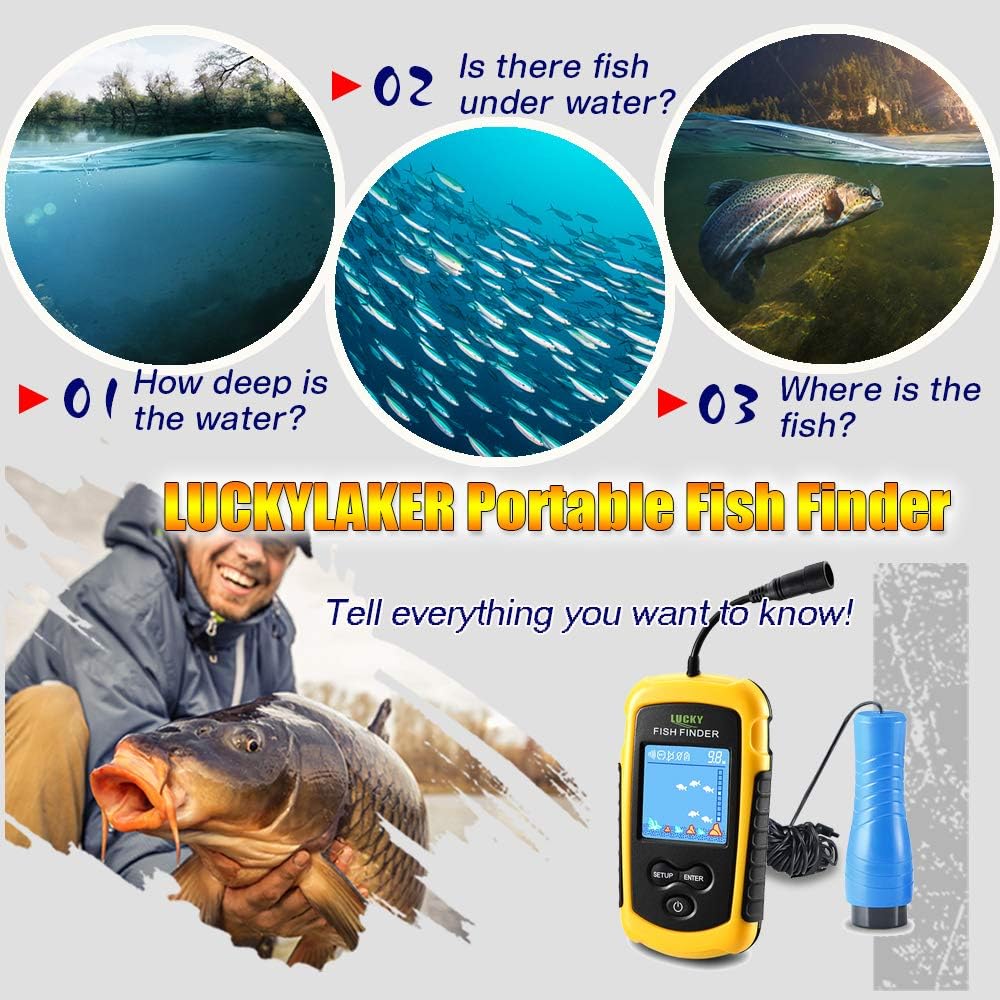 LUCKYLAKER Ice Portable Fishing Fish Finder Wired Handheld Fishing Finders Kayak Sonar Sensor Fish Finder Transducer Depth Finder LCD Monitor for Boat Canoe