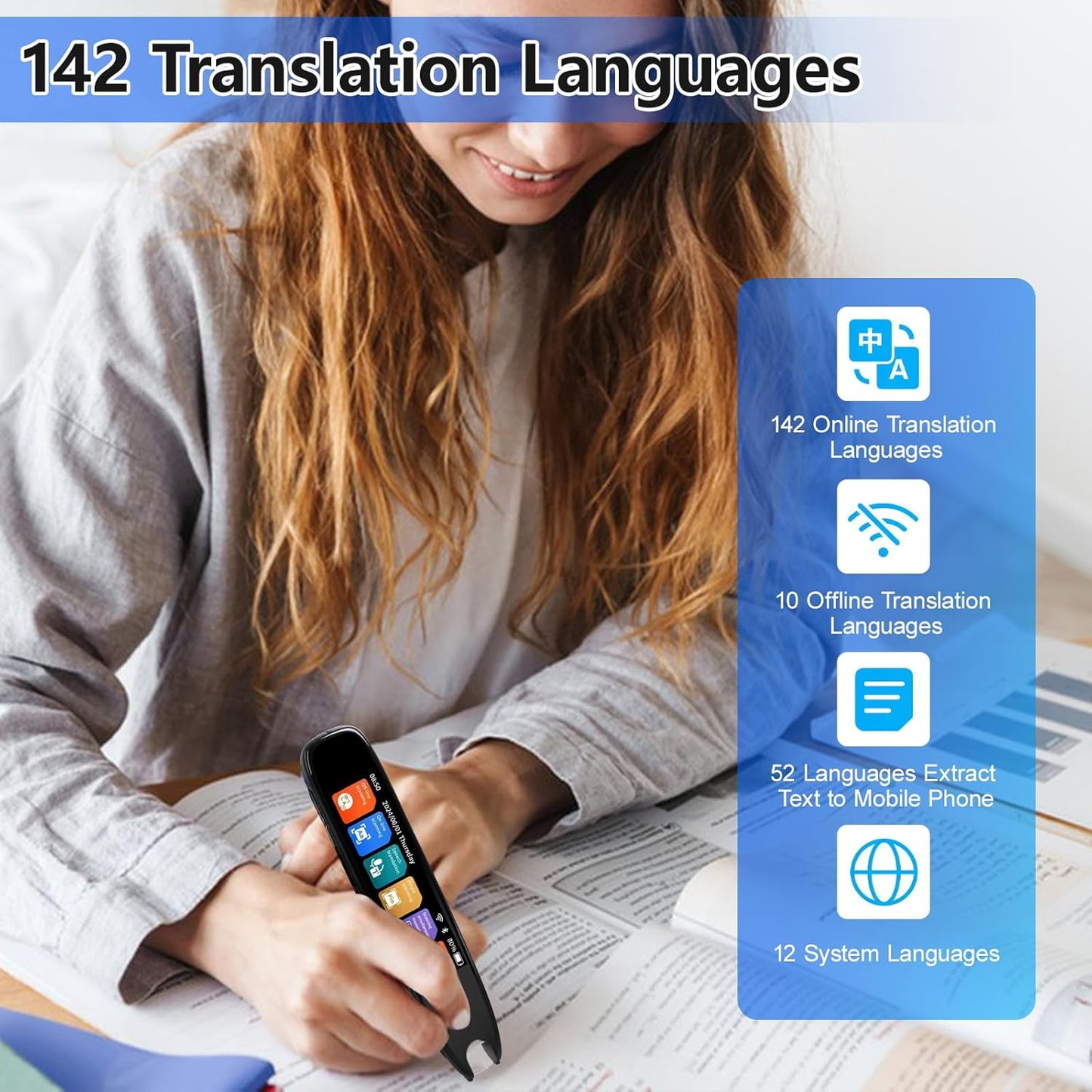 Scan Translation Pen with Camera, 142 Languages Two-Way Instant Translator Pen for Voice, Text, Photo, Offline Online Translation for Business Learning Travel, OCR Digital Reading Pen for Dyslexia