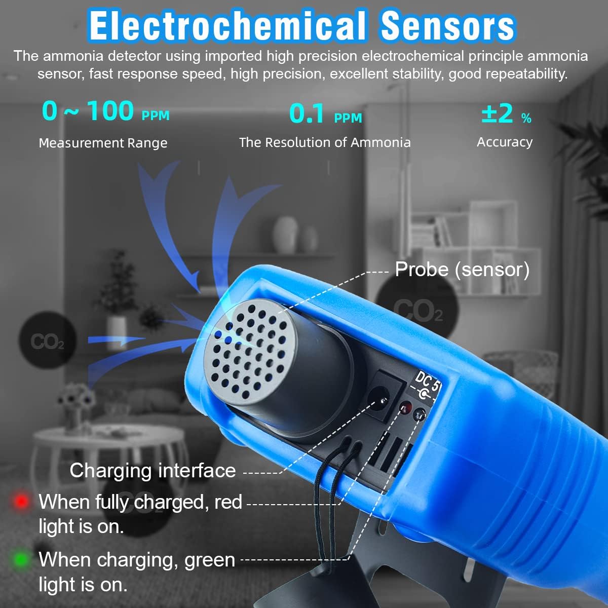 Ammonia Gas Detector, 0~100 PPM NH3 Monitor | Farm, Poultry, Pig & Livestock USB Recharge | LCD Backlight with Temperature(℉/℃), Humidity -AP-5800G